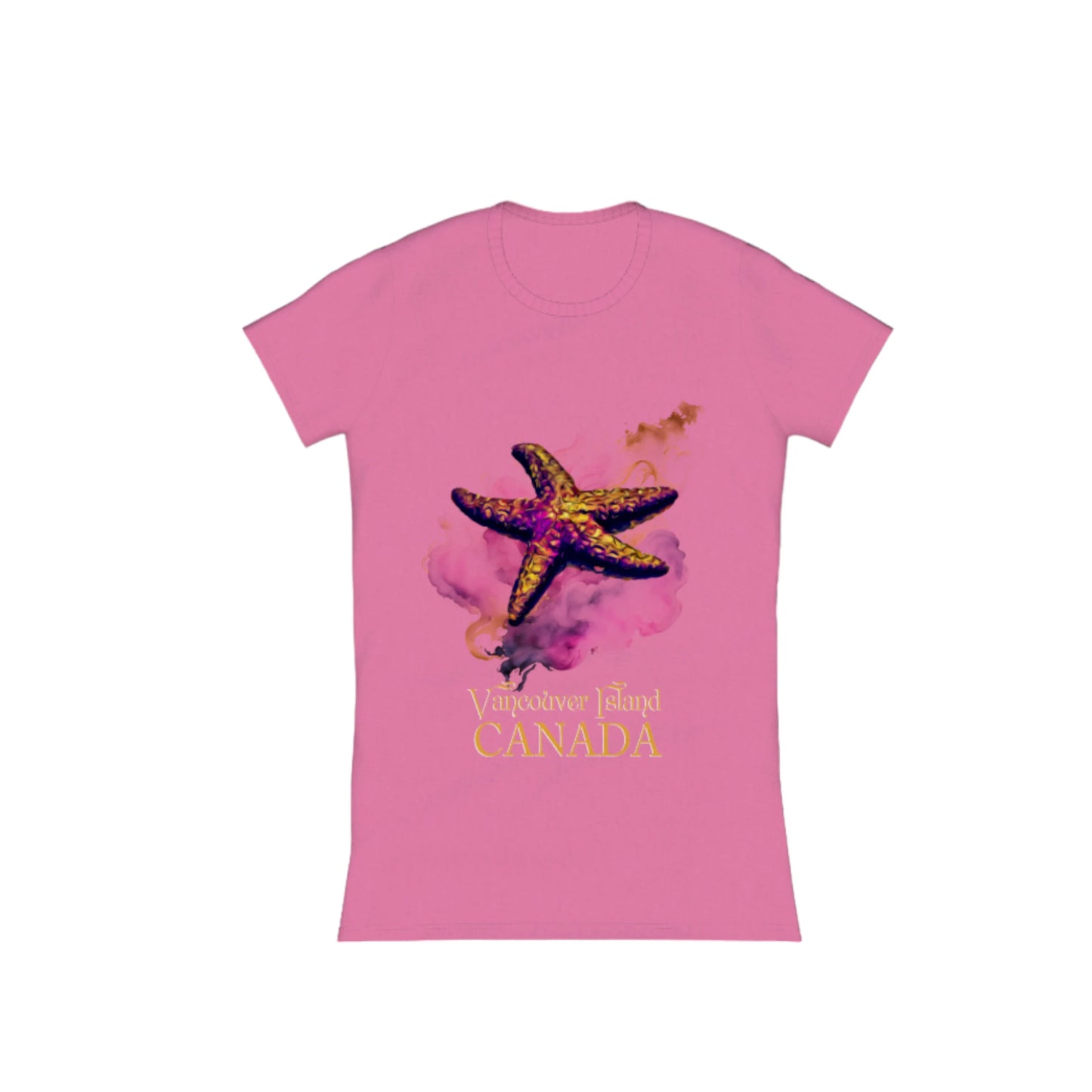 Star Track Vancouver Island Canada Comfort Slim Fit T-shirt. the image on the front of t he shirt is a starfish with a colourful abstract background. the words on the shirt read Vancouver Island Canada