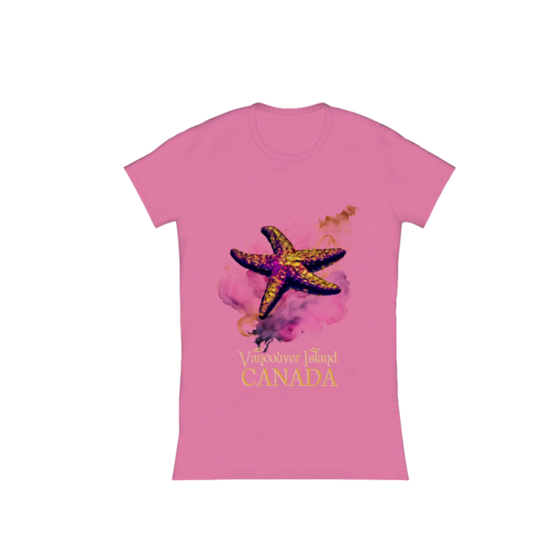 Star Track Vancouver Island Canada Comfort Slim Fit T-shirt. the image on the front of t he shirt is a starfish with a colourful abstract background. the words on the shirt read Vancouver Island Canada