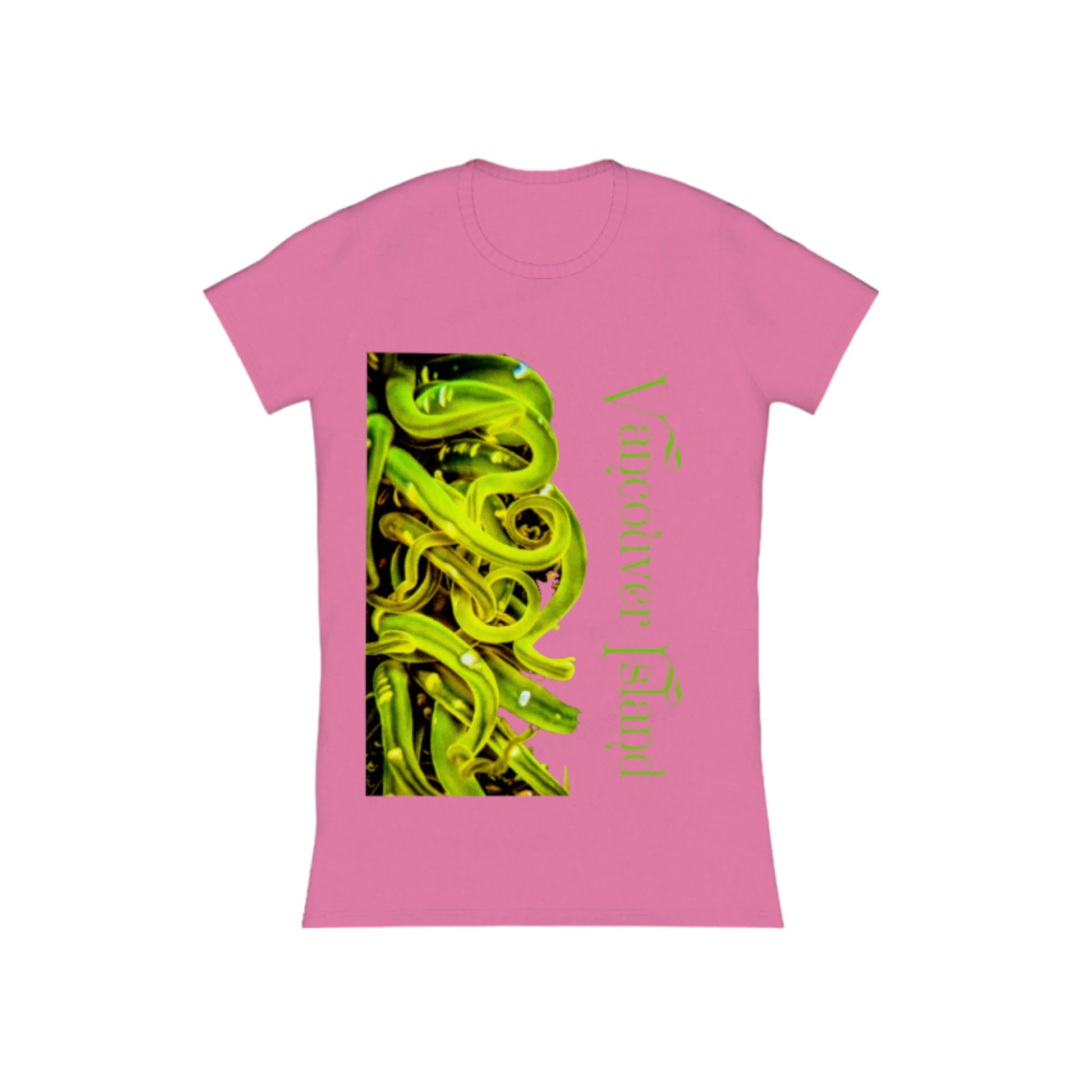Vancouver Island Sea Anemone Comfort Slim Fit T-shirt. The image is of a green sea anemone under water .  The words read Vancouver Island