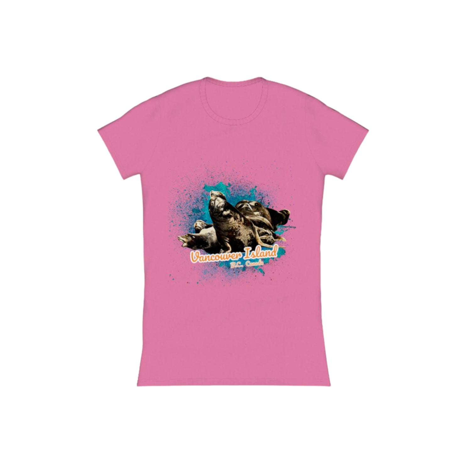 What's Up? Sea Lions Vancouver Island BC Canada Comfort Slim Fit T-shirt. The image is of a group of sea lions on a log raft.  The words read Vancouver Island BC Canada