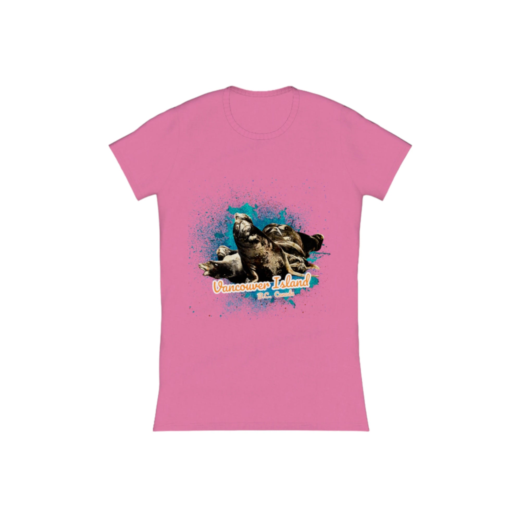 What's Up? Sea Lions Vancouver Island BC Canada Comfort Slim Fit T-shirt. The image is of a group of sea lions on a log raft.  The words read Vancouver Island BC Canada