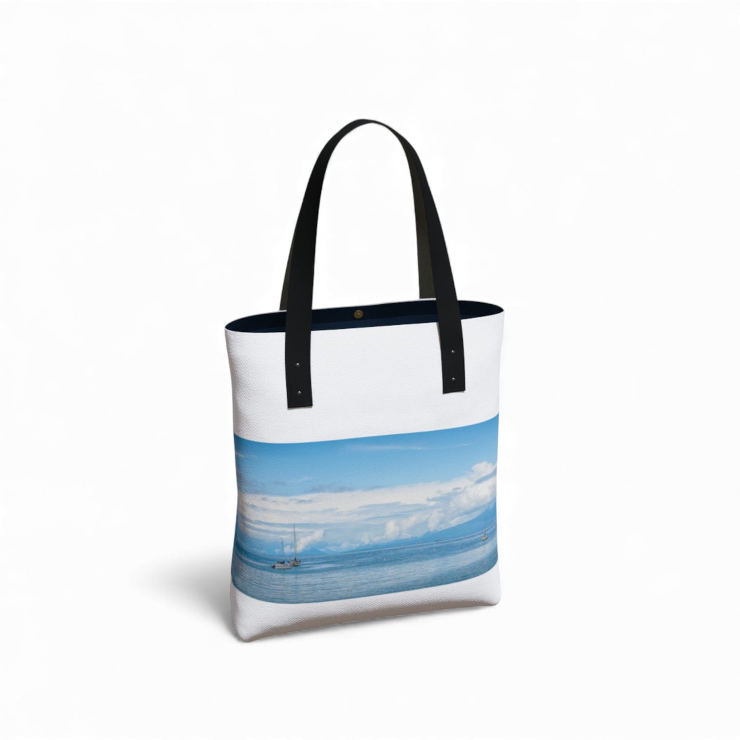 Tote bag with a blue and white design on a white background