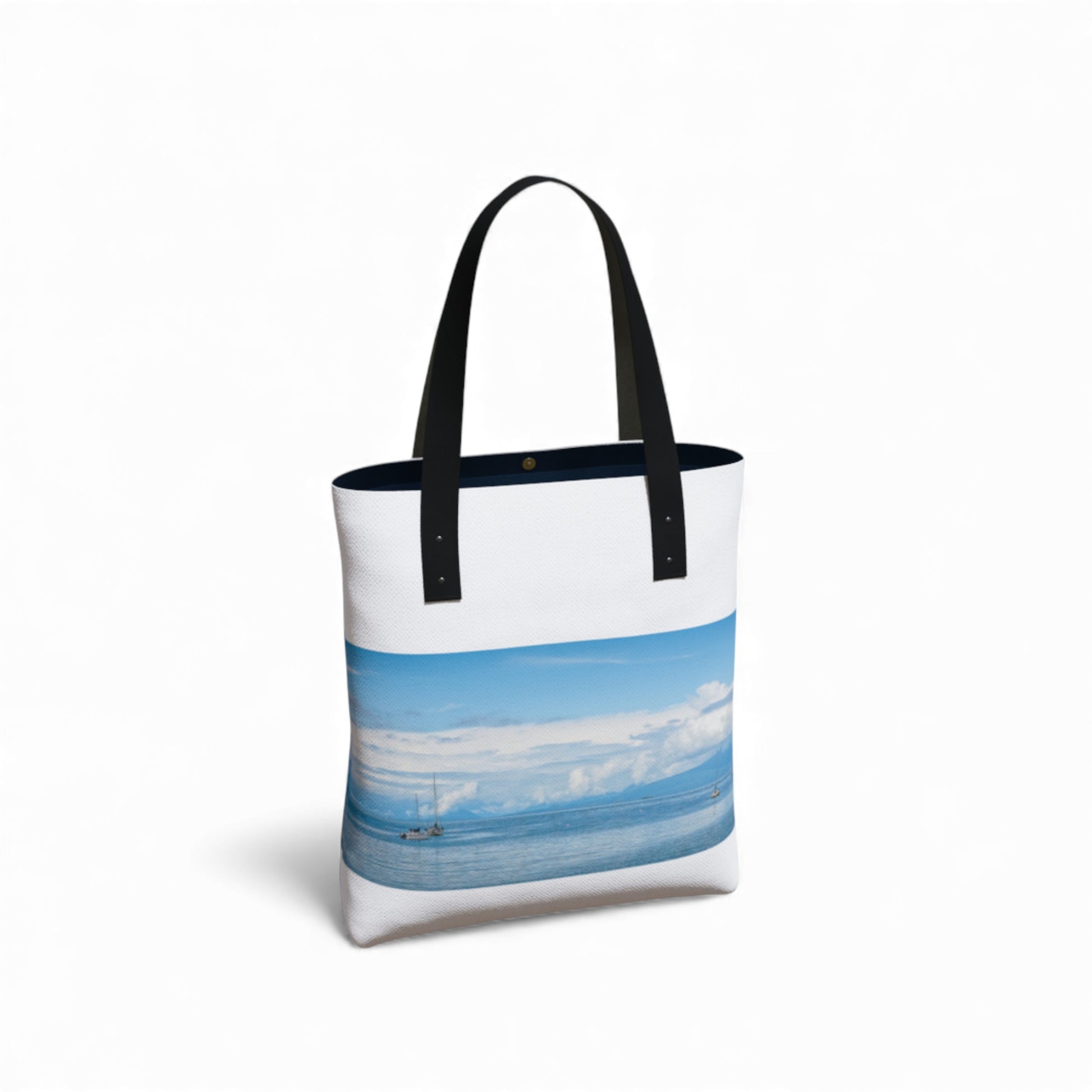 Tote bag with a blue and white design on a white background