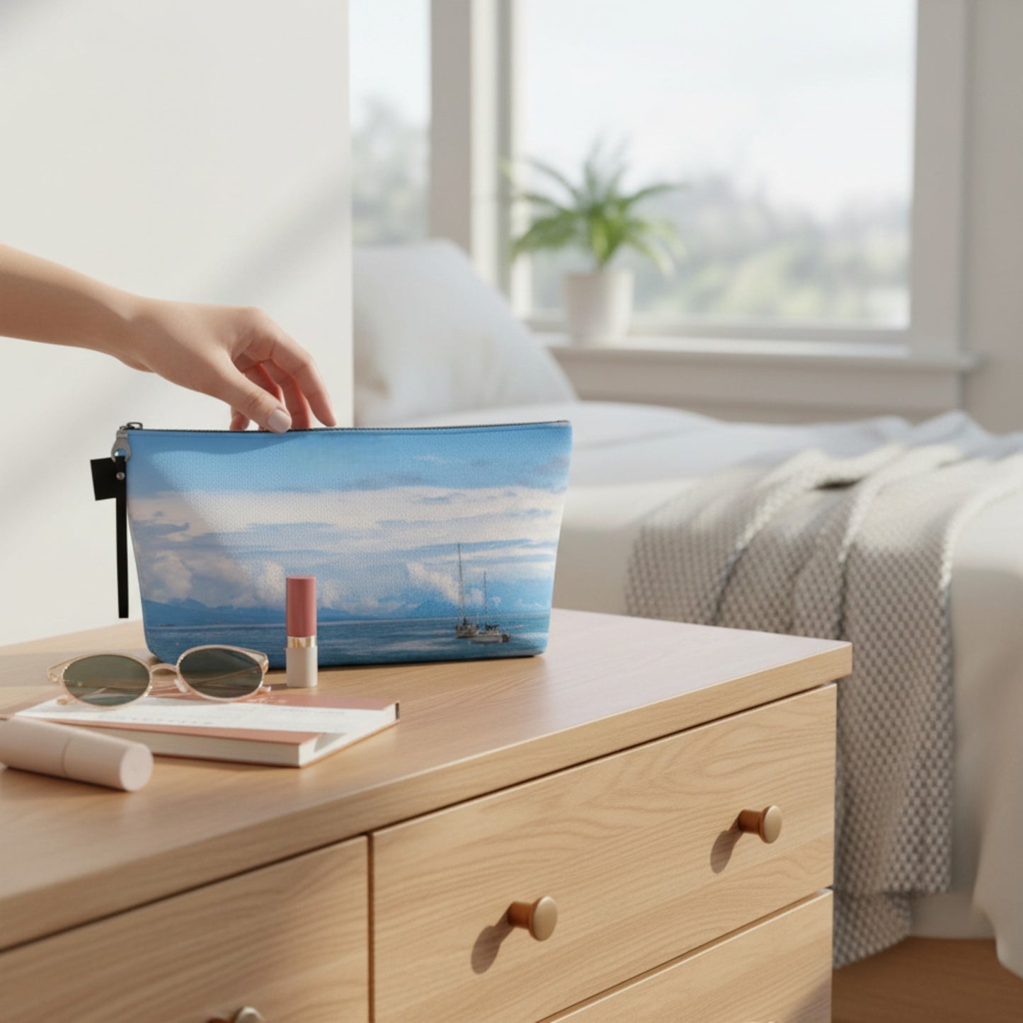 Hand reaching for a blue pouch with a scenic design on a wooden dresser.