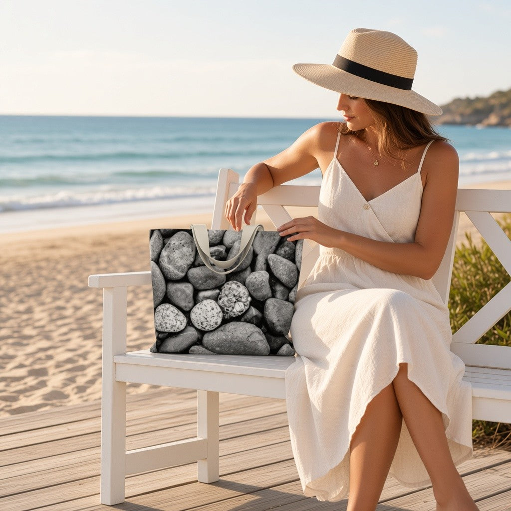 A woman in a white dress and straw hat sits on a white bench at the beach, holding a tote bag with a black-and-white pebble print. The background shows the ocean, sand, and wooden boardwalk.