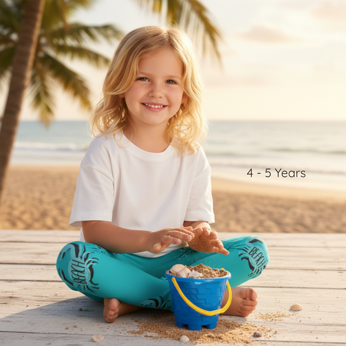 Child sitting on a wooden bench at the beach with a sand bucket, wearing a white shirt and blue pants.