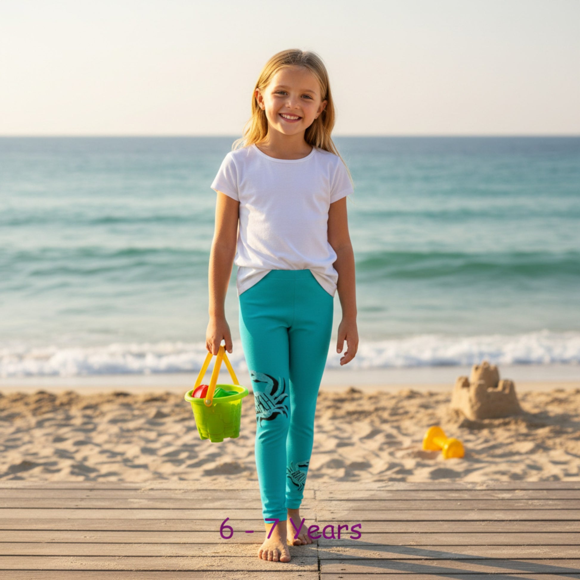 Young girl on a beach holding a sand bucket with ocean view