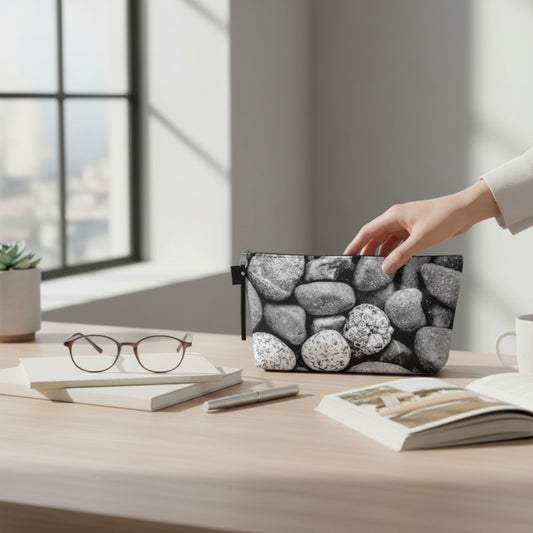 Hand holding a black pouch with stone pattern on a desk with books and glasses.