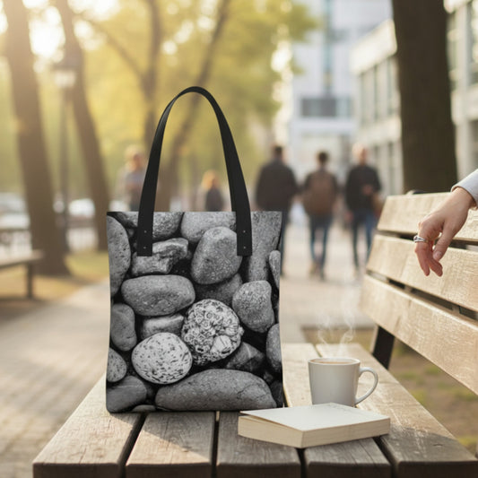 Tote bag with stone pattern on a bench with a cup and book, blurred city background