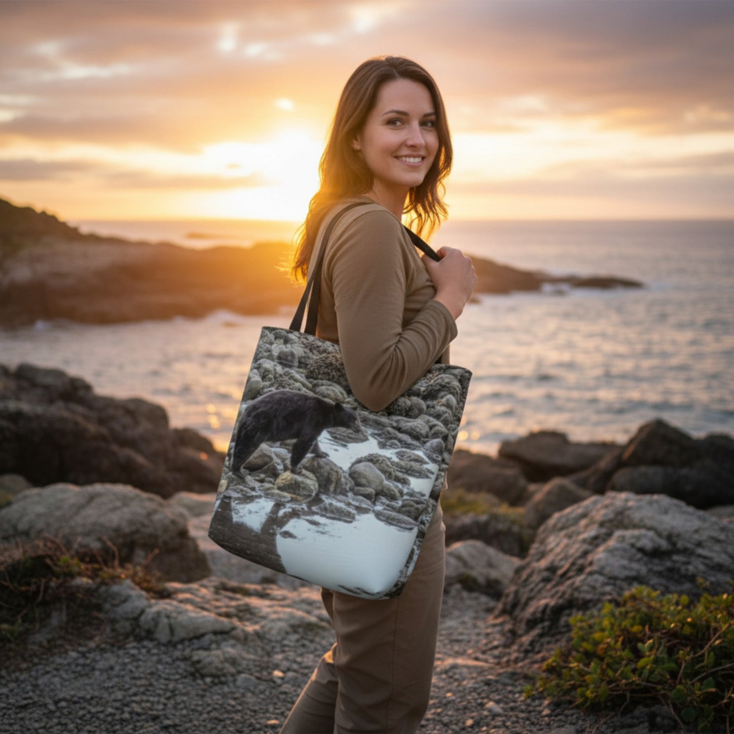 Bear Reflection Neoprene Day Tote: Serene Wildlife-Inspired Tote Bag