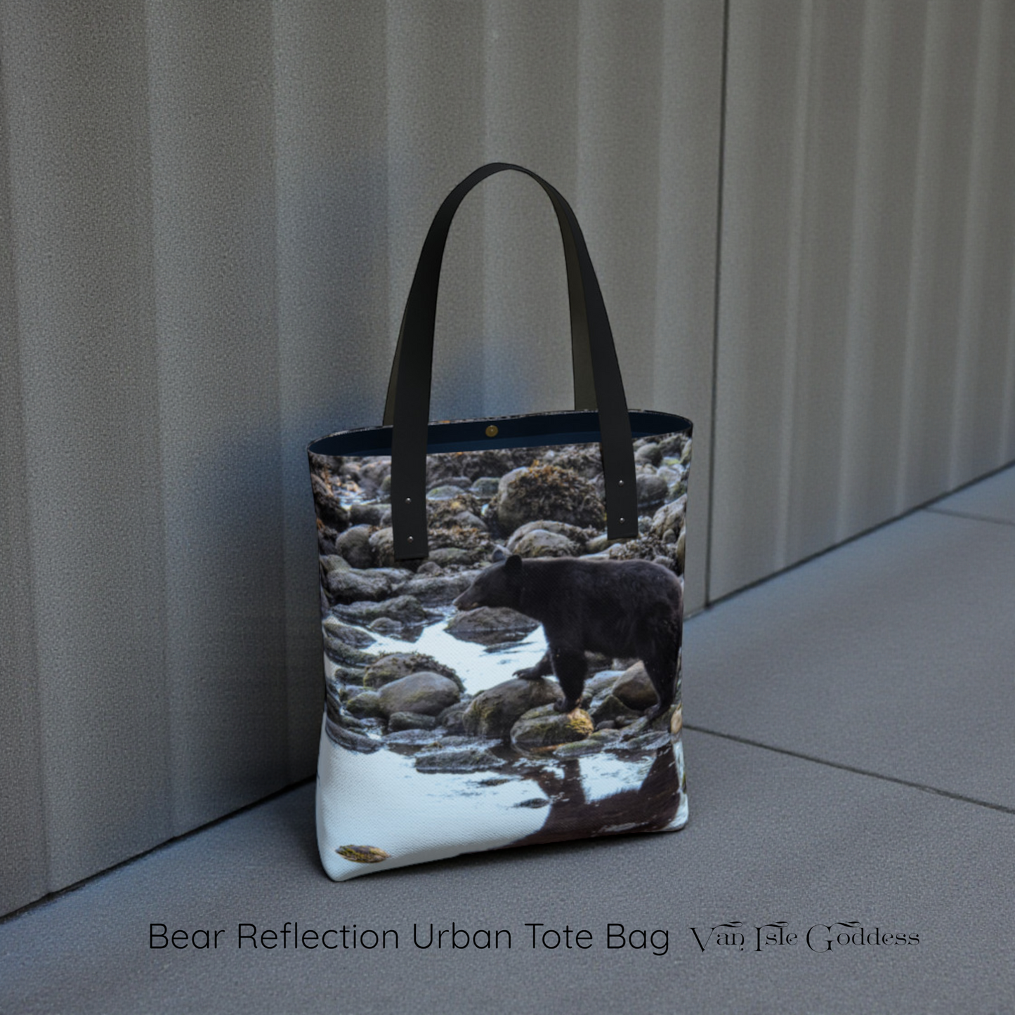 Tote bag with bear reflection design on a neutral background