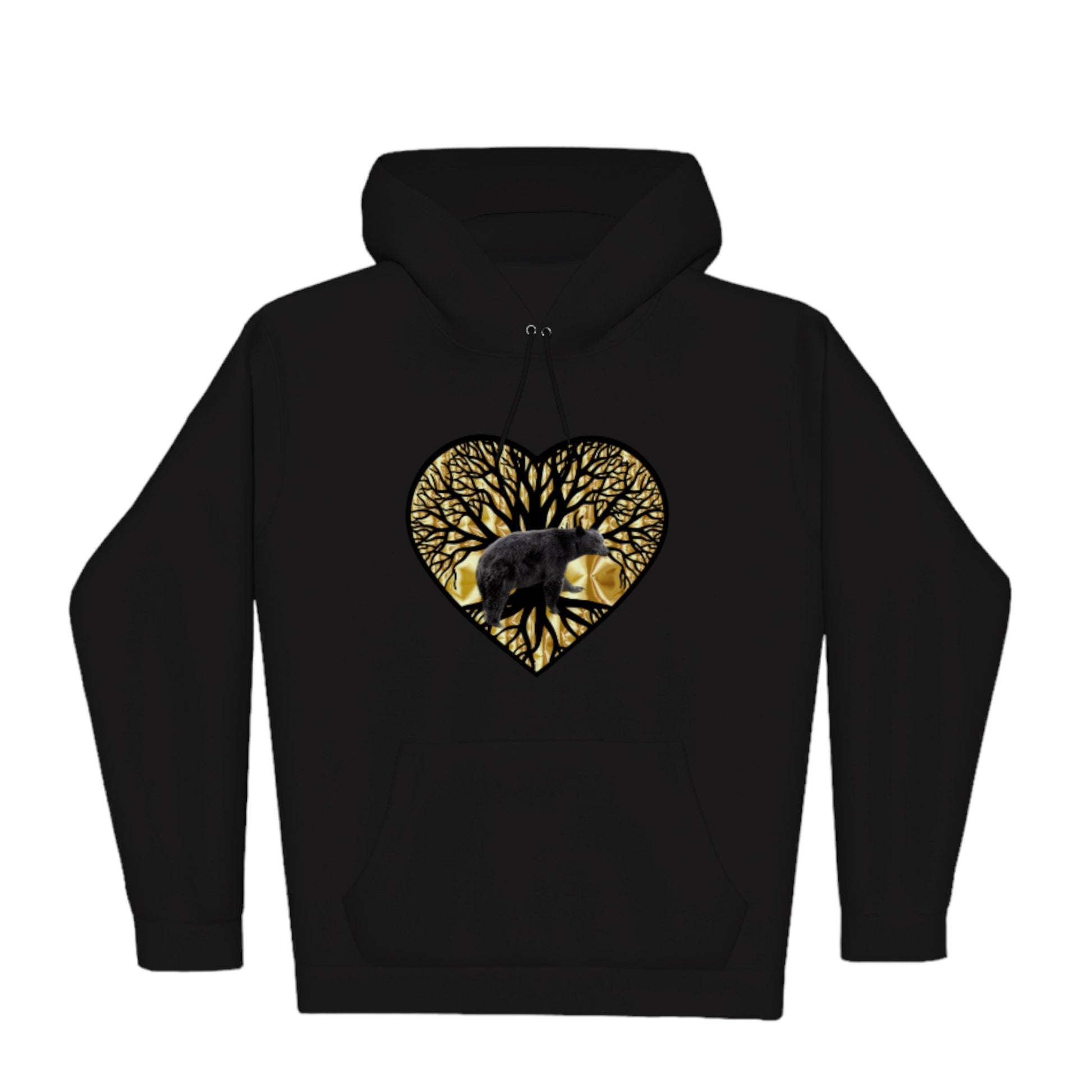 Bear Heart Premium Pullover Hoodie. the image is of a heart with a tree of life and a bear with a gold background.