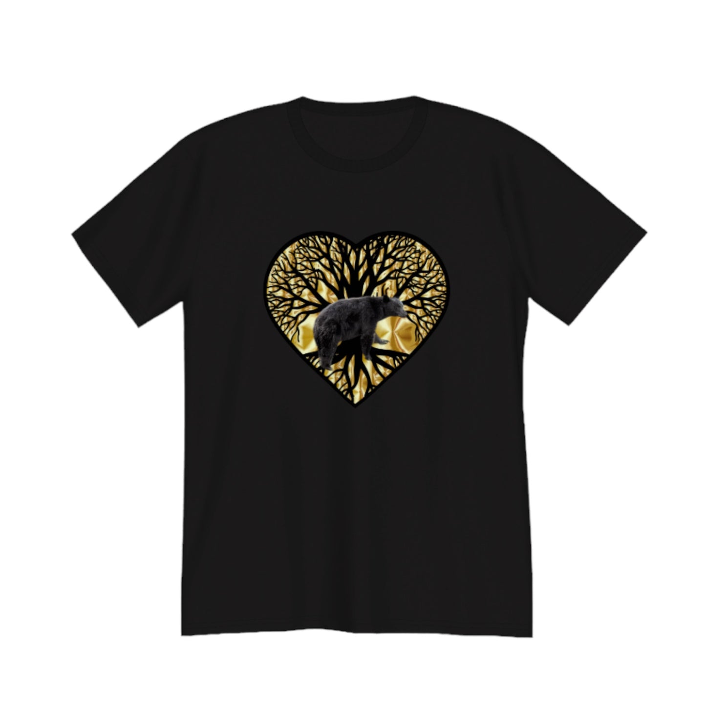 Bear Heart Premium Unisex T-shirt. The image on the front is of a bear standing in front of the tree of life that is on a gold background.  by van isle goddess dot com