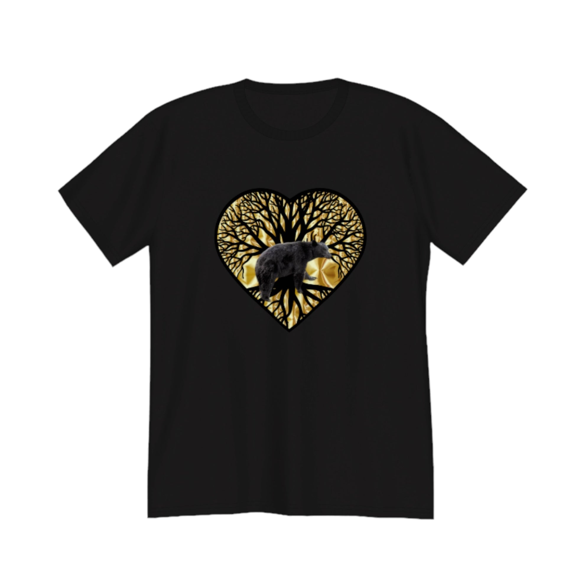 Bear Heart Premium Unisex T-shirt. The image on the front is of a bear standing in front of the tree of life that is on a gold background.  by van isle goddess dot com