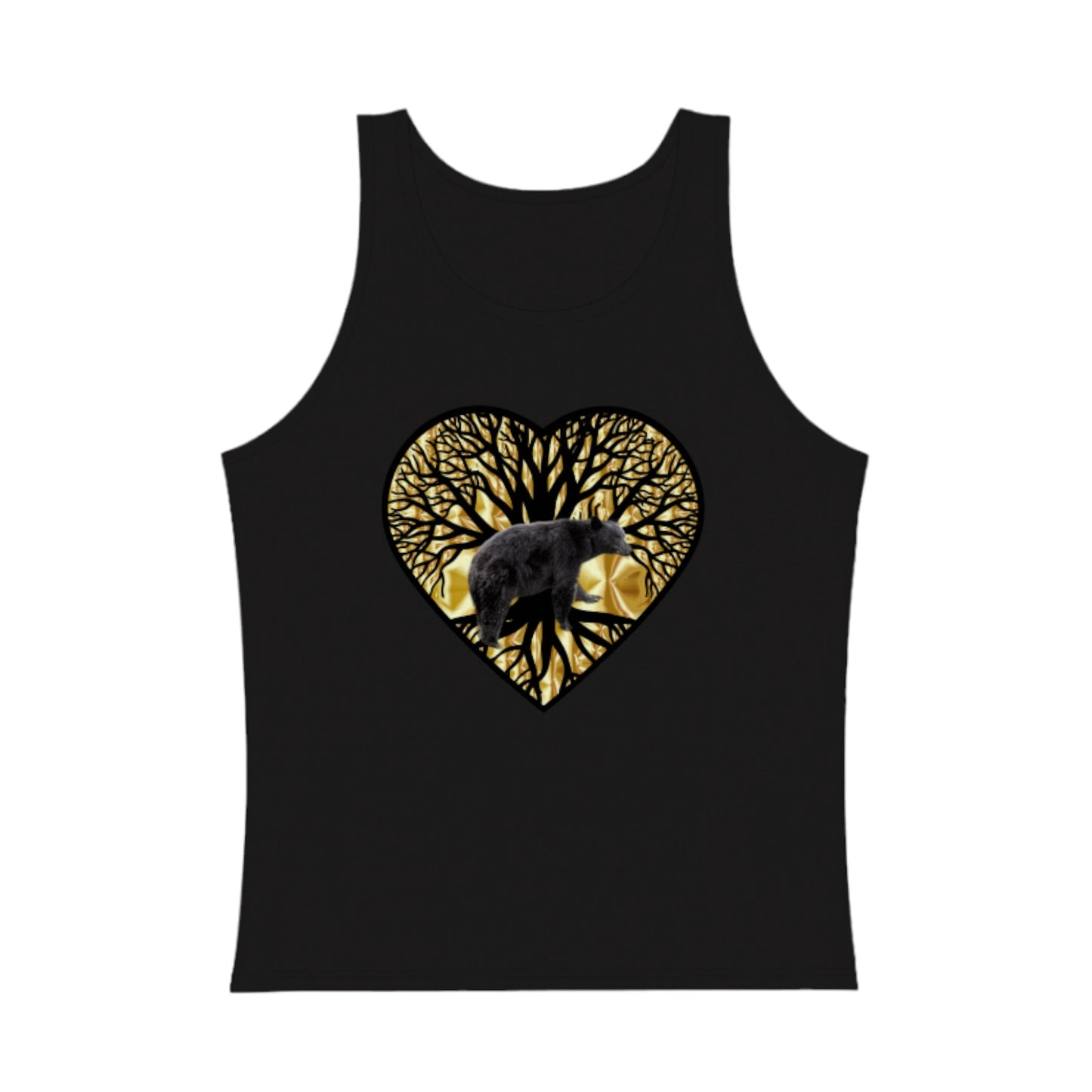 Unisex Premium Tank Top featuring a gold heart outlined in black. The interior of the heart is a tree of life with a bear in front with its feet on the roots of the tree.  The image is called Bear Heart and it is printed on black tank top.  by van isle goddess dot com