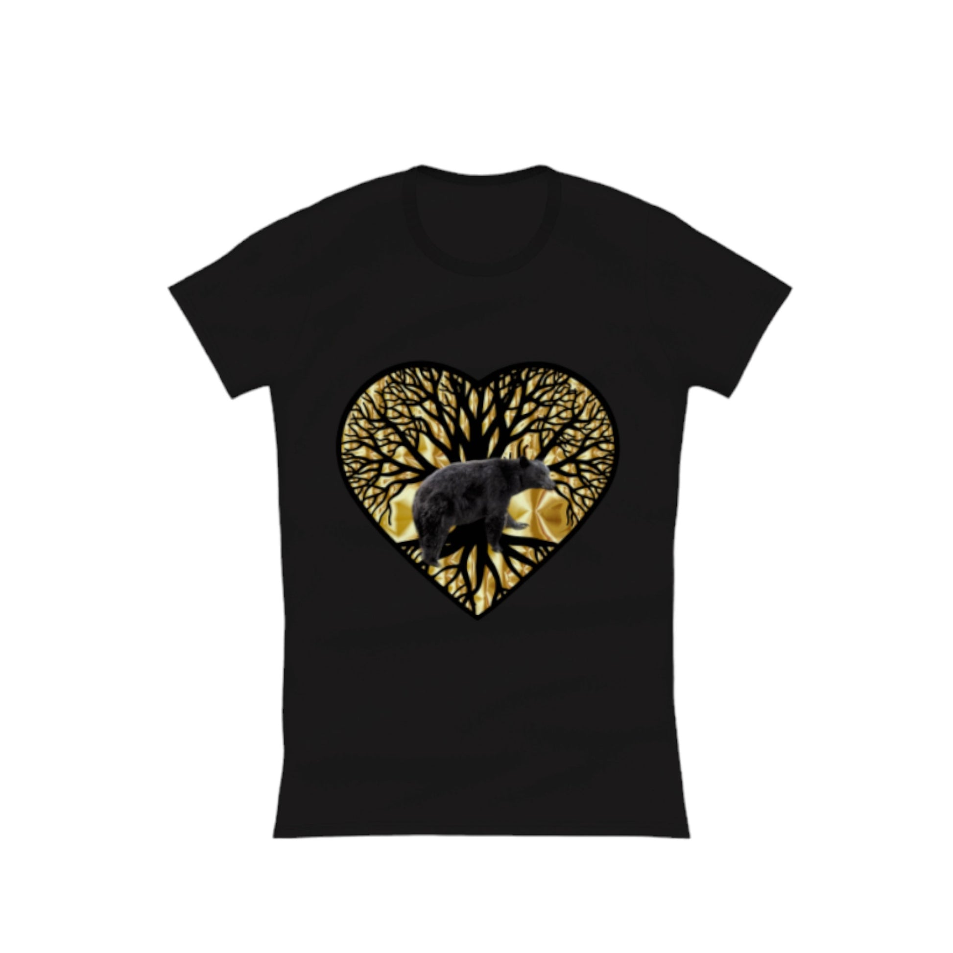 Bear Heart Comfort Slim Fit T-Shirt. The image on the front of the shirt is a heart with a tree of life and a bear and gold background. by van isle goddess dot com