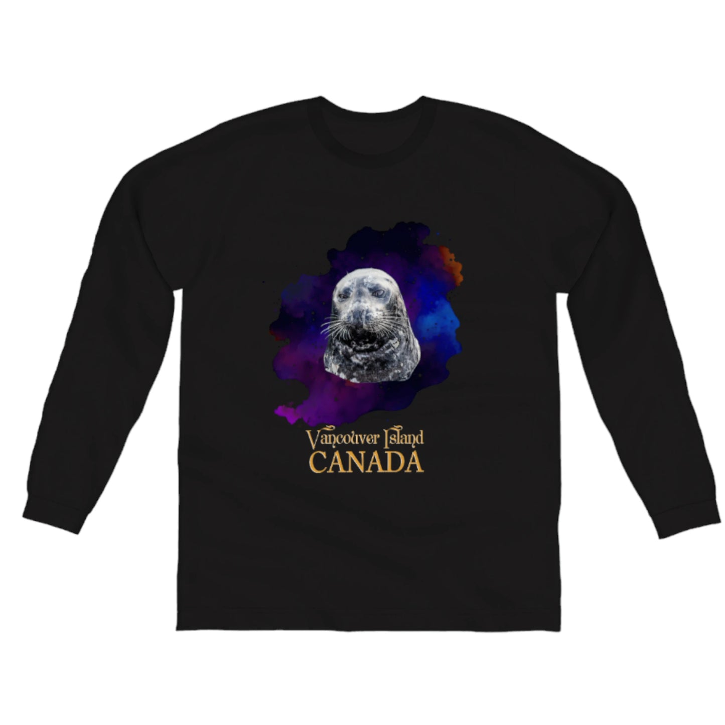 I Love Lucy Vancouver Island Canada Comfort Long Sleeve Unisex T-shirt, the image on the front is of a harbour seal with a colourful abstract background.  the words on the t-shirt read Vancouver Island Canada