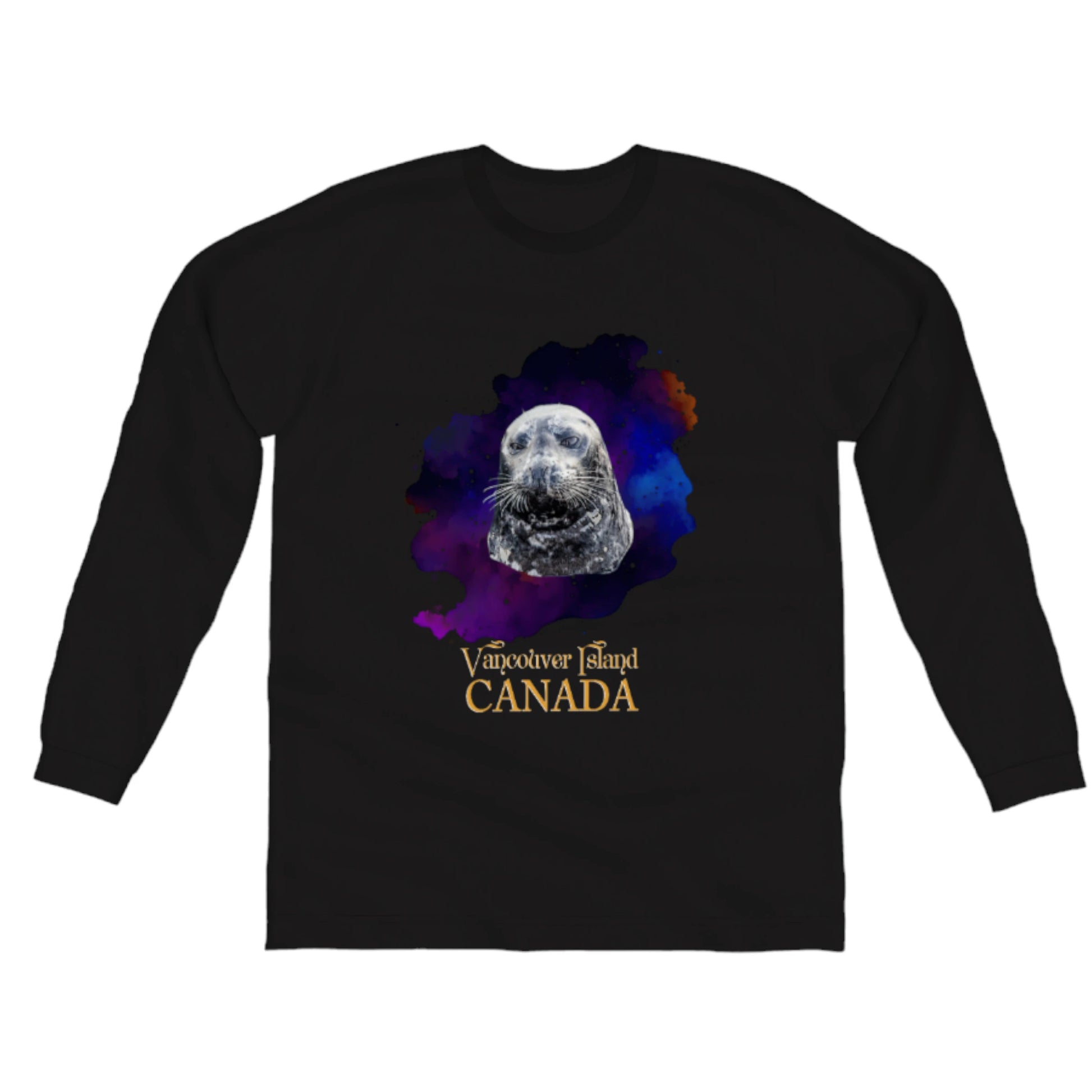 I Love Lucy Vancouver Island Canada Comfort Long Sleeve Unisex T-shirt, the image on the front is of a harbour seal with a colourful abstract background.  the words on the t-shirt read Vancouver Island Canada