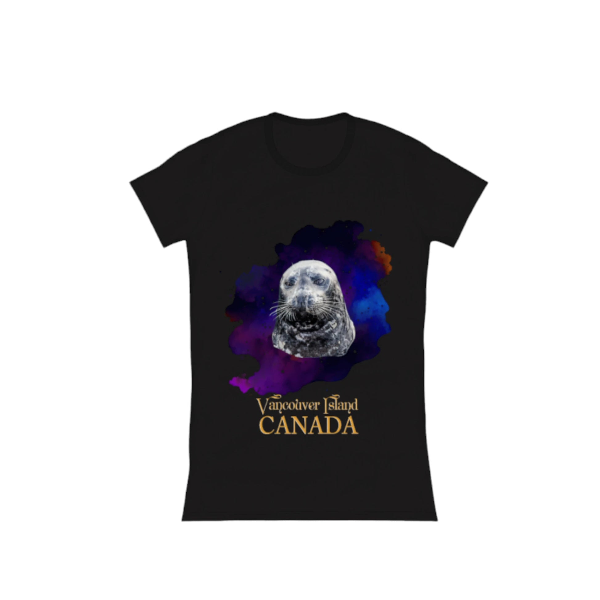 I Love Lucy Vancouver Island Canada Comfort Slim Fit T-Shirt. The image is of a harbour seal with a colorful blue, purple abstract background.  by vanislegoddess.com