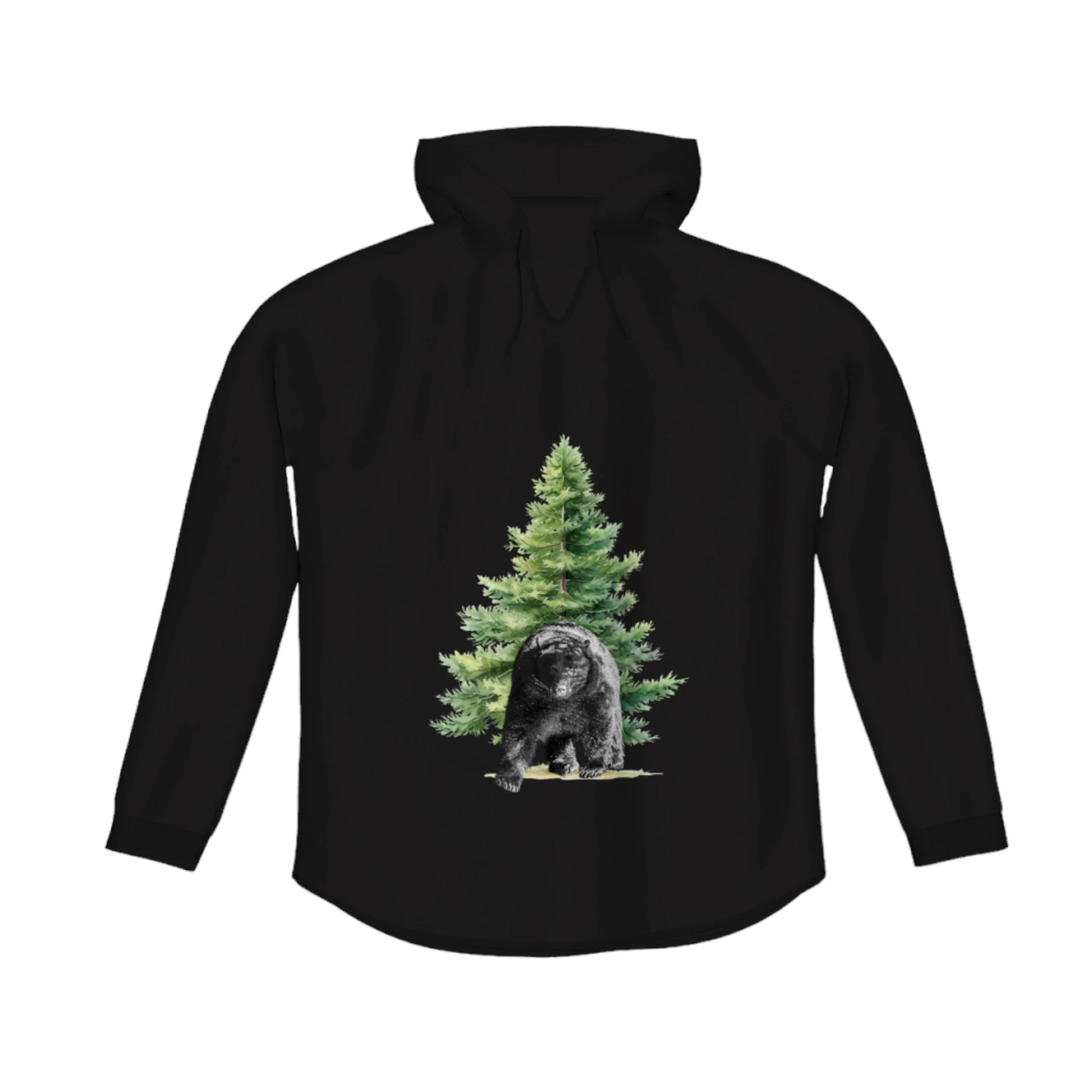 Observant Bear Flow Pullover Hoodie. The image is of a bear standing in front of a tree.