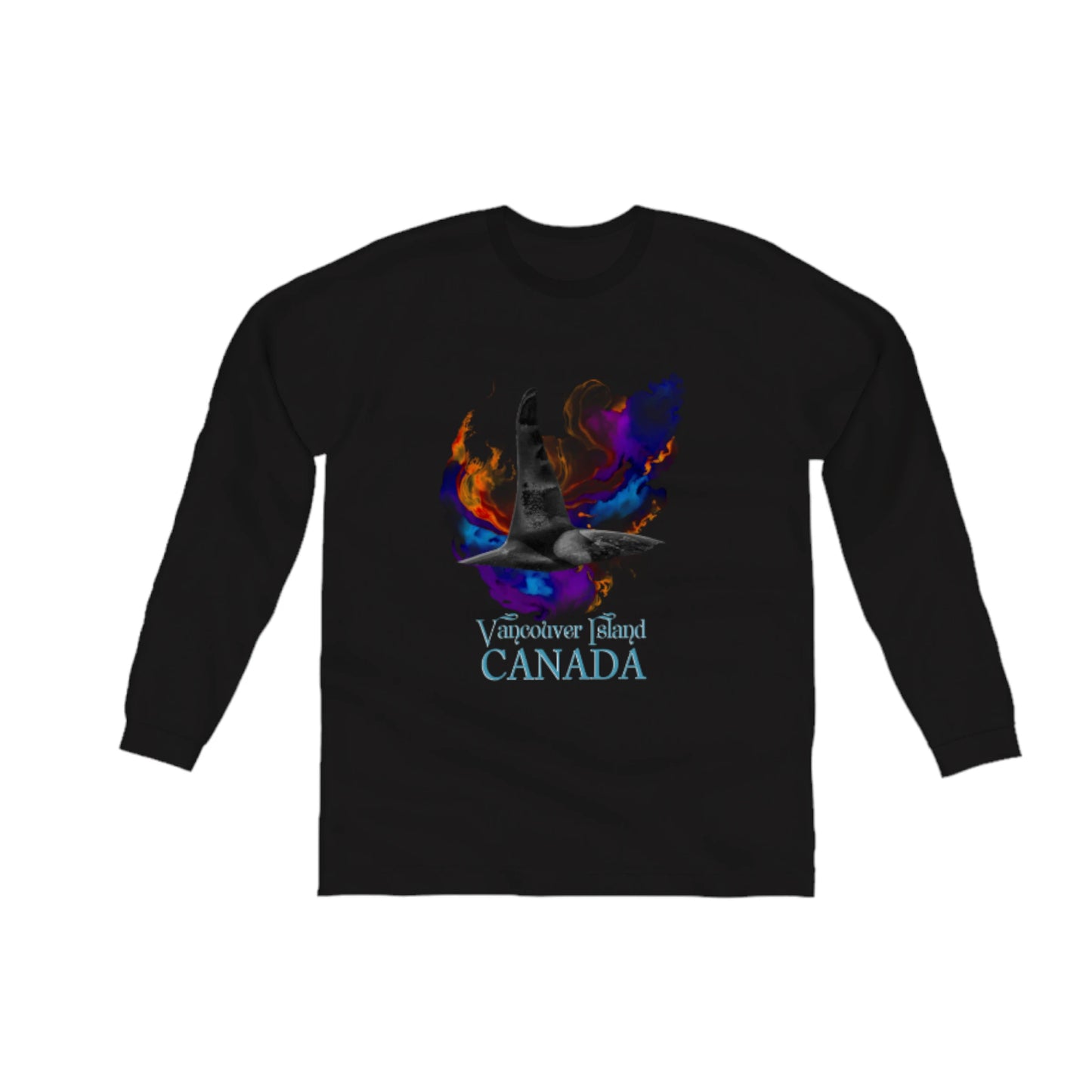 Orca Aura Vancouver Island Canada Comfort Long Sleeve Unisex T-shirt.  the image on the front of the shirt is of a male orca dorsal fin with a colourful abstract background. by van isle goddess dot com