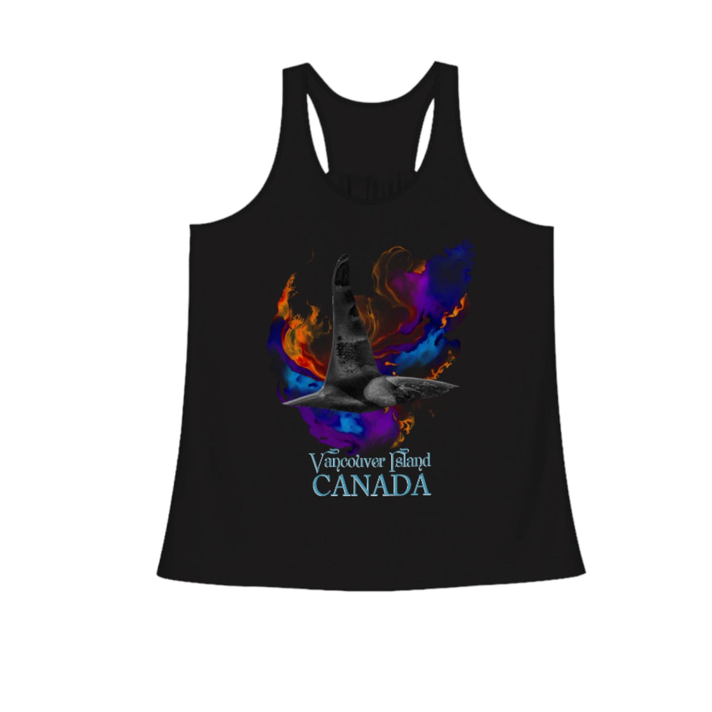 Orca Aura Vancouver Island Canada Flow Racerback Tank Top.  The image on the front shows two sea lions on a abstract ocean blue background. By van isle goddess dot com