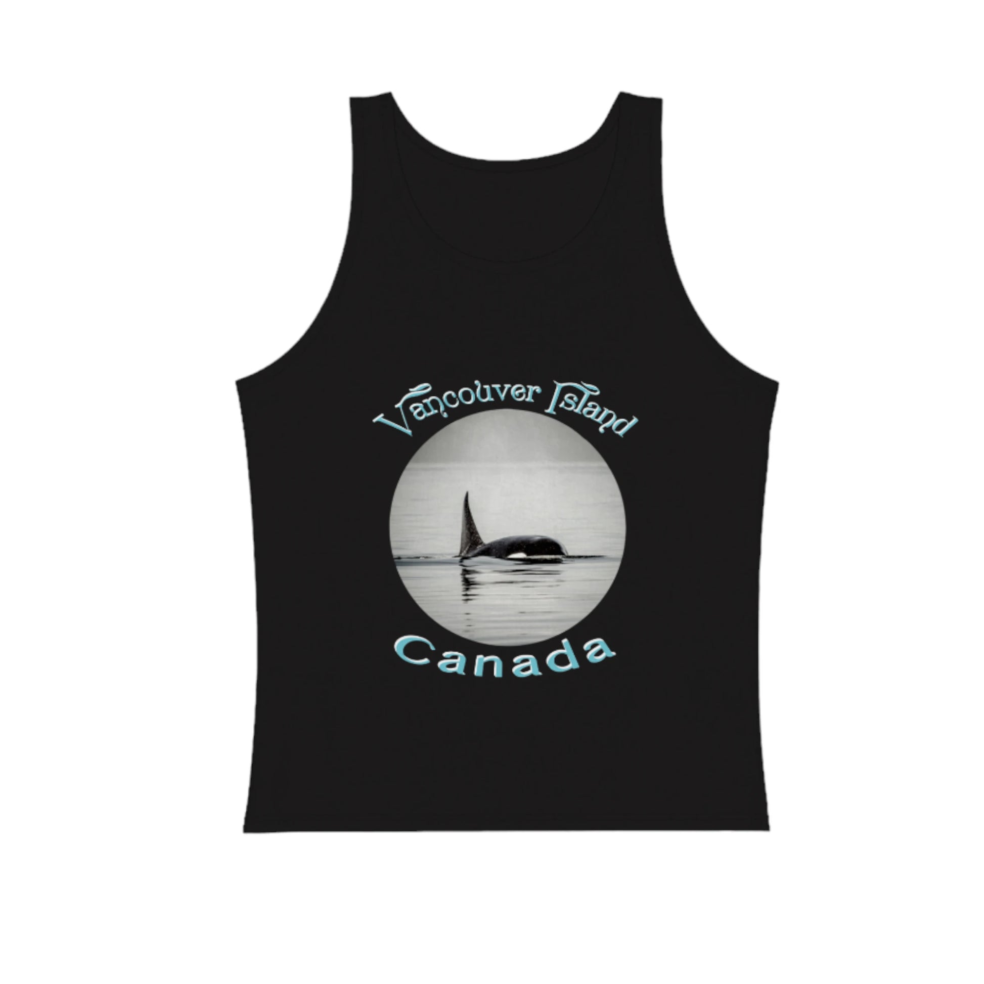 Orca Spray Vancouver island Canada premium unisex tank top in black.  The image is round and is of an orca exhaling and the misty plume of water sprays as the orca exhales. by van isle goddess dot com