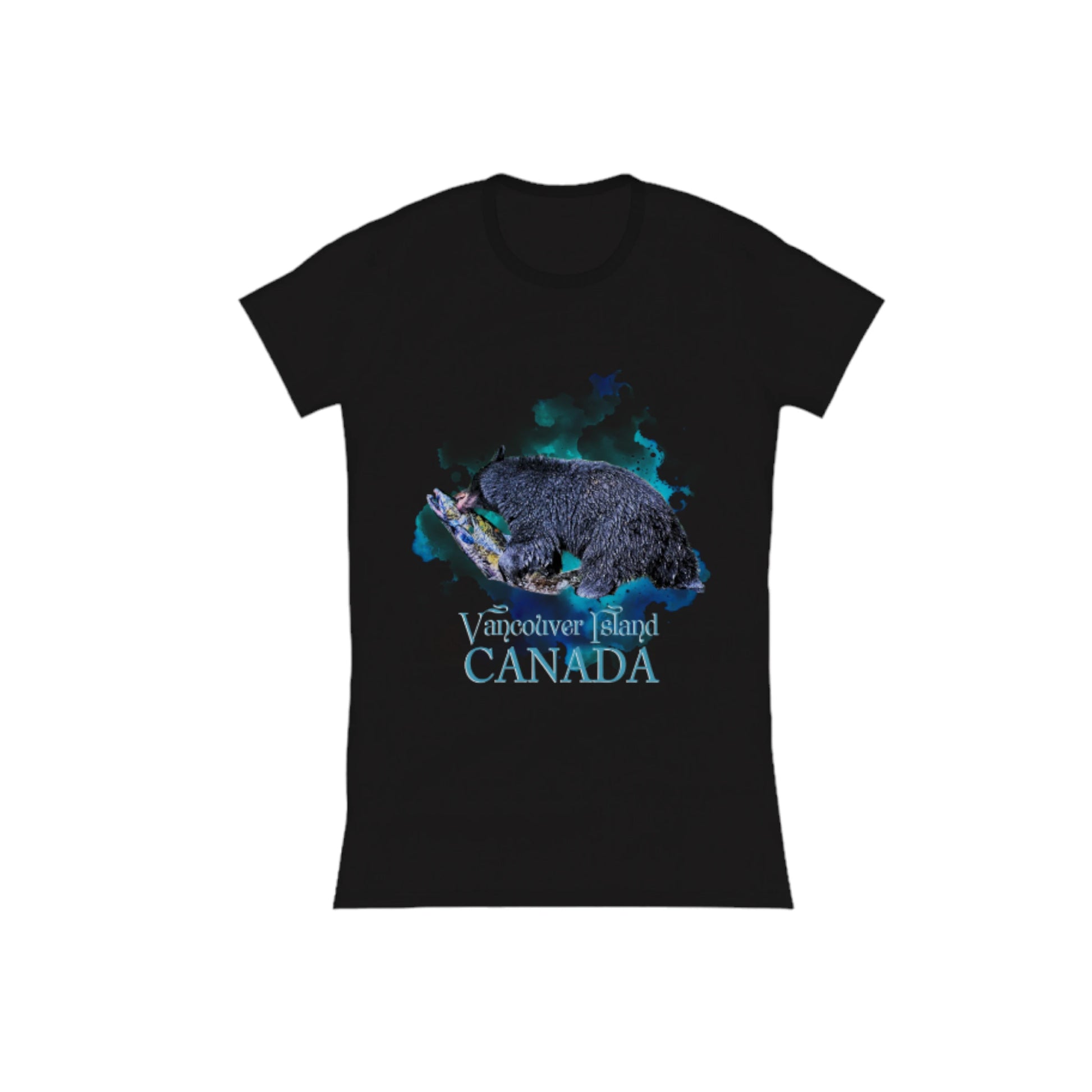 Salmon Bear Vancouver Island Canada Comfort Slim Fit T-shirt  The image is of a bear with a fresh caught salmon in its mouth with a ocean blue abstract background.