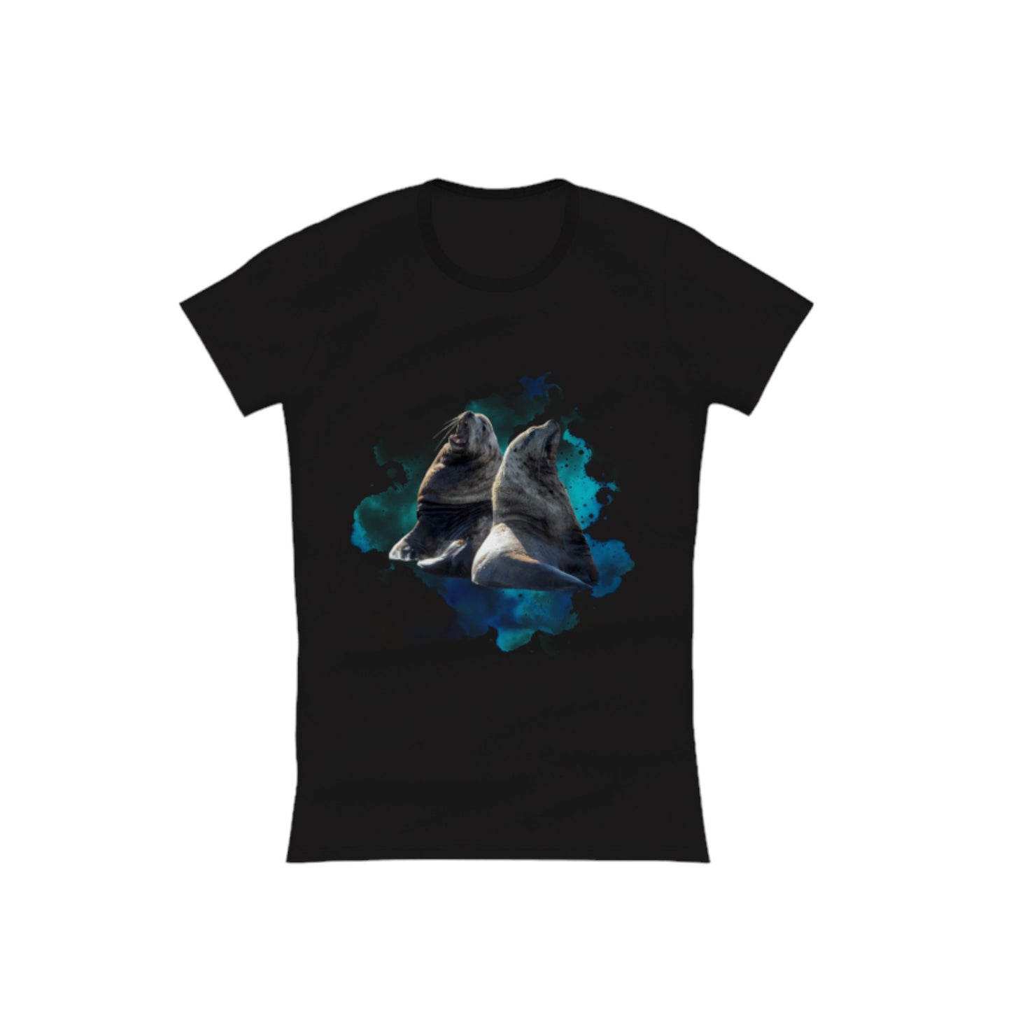 Sea Lions Communication Comfort Slim Fit T-shirt. The image is of two sea lions with a ocean blue abstract background.