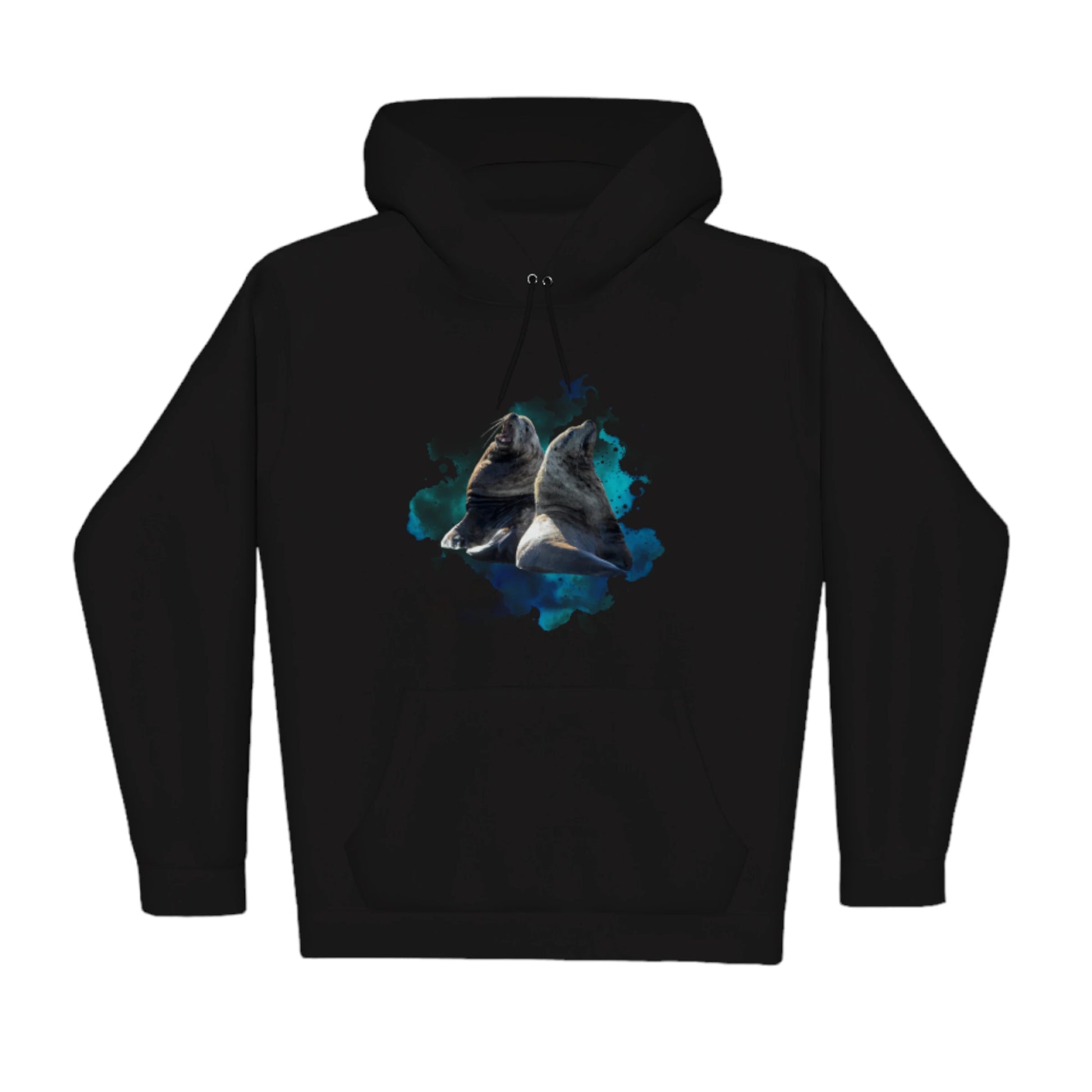 Sea Lions Premium Pullover Hoodie. The image is of two sea lions with a blue abstract background.