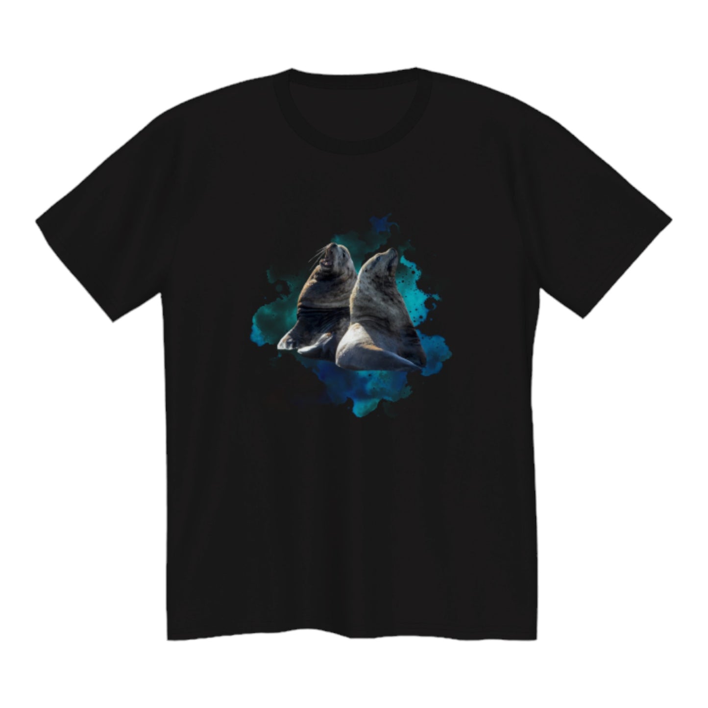 Sea Lions Premium Unisex Tshirt featuring two sea lions on the front.  A colourful blue and green ocean abstract is in the background. by van isle goddess dot com