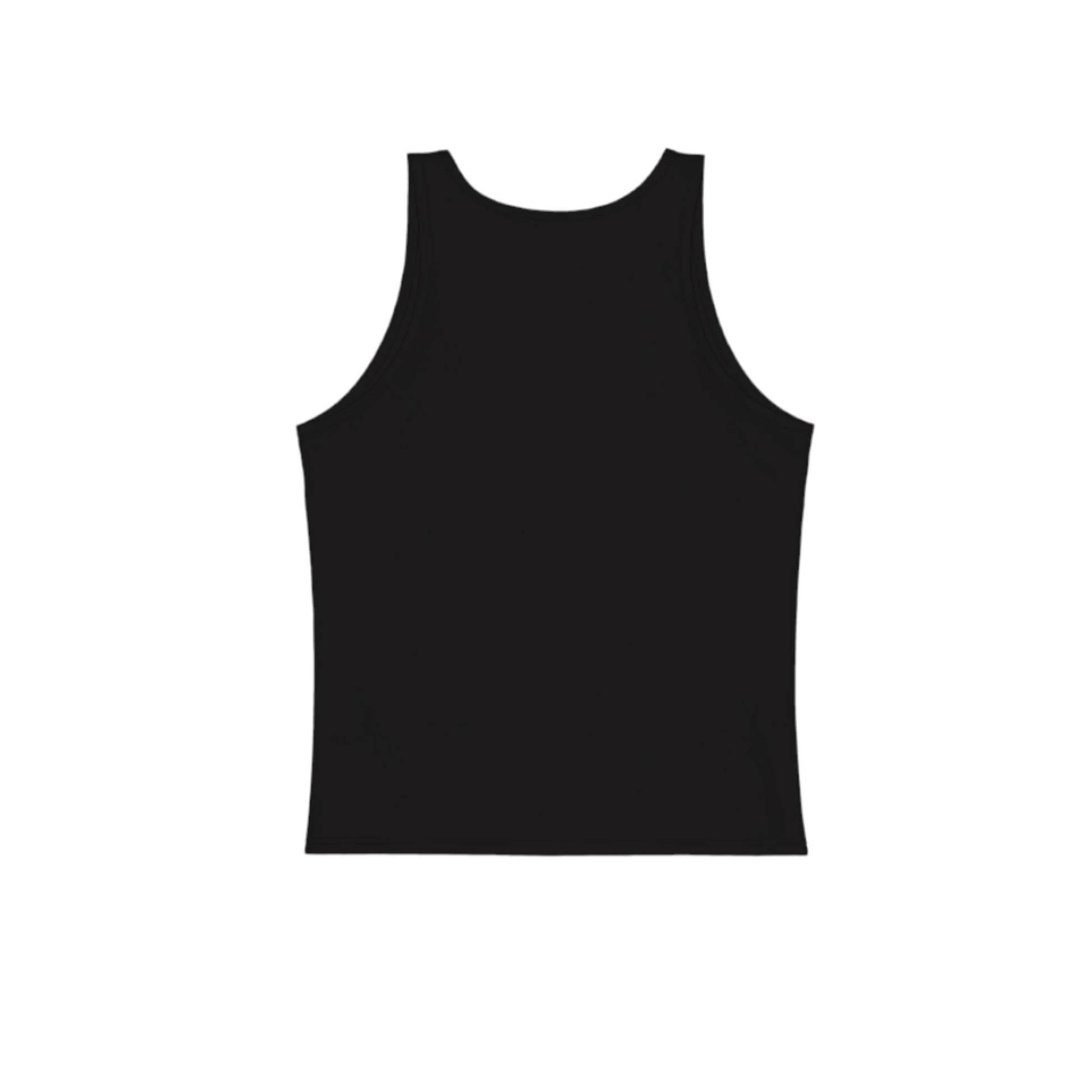 The back of the black unisex tank top