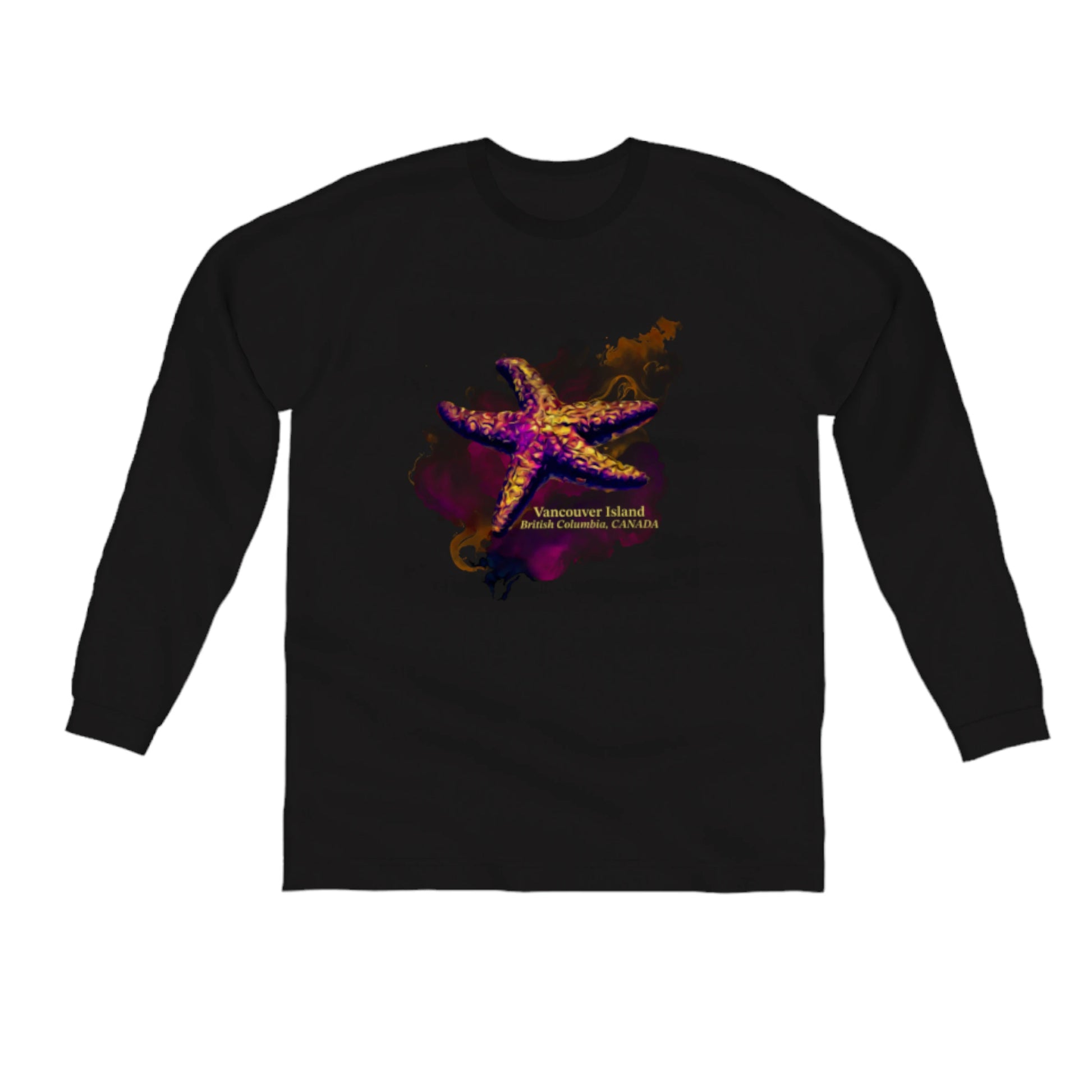 Star Track Vancouver Island BC Canada Comfort Long Sleeve Unisex T-Shirt. The image on the front of the shirt is a starfish on a colourful abstract background. by van isle goddess dot com