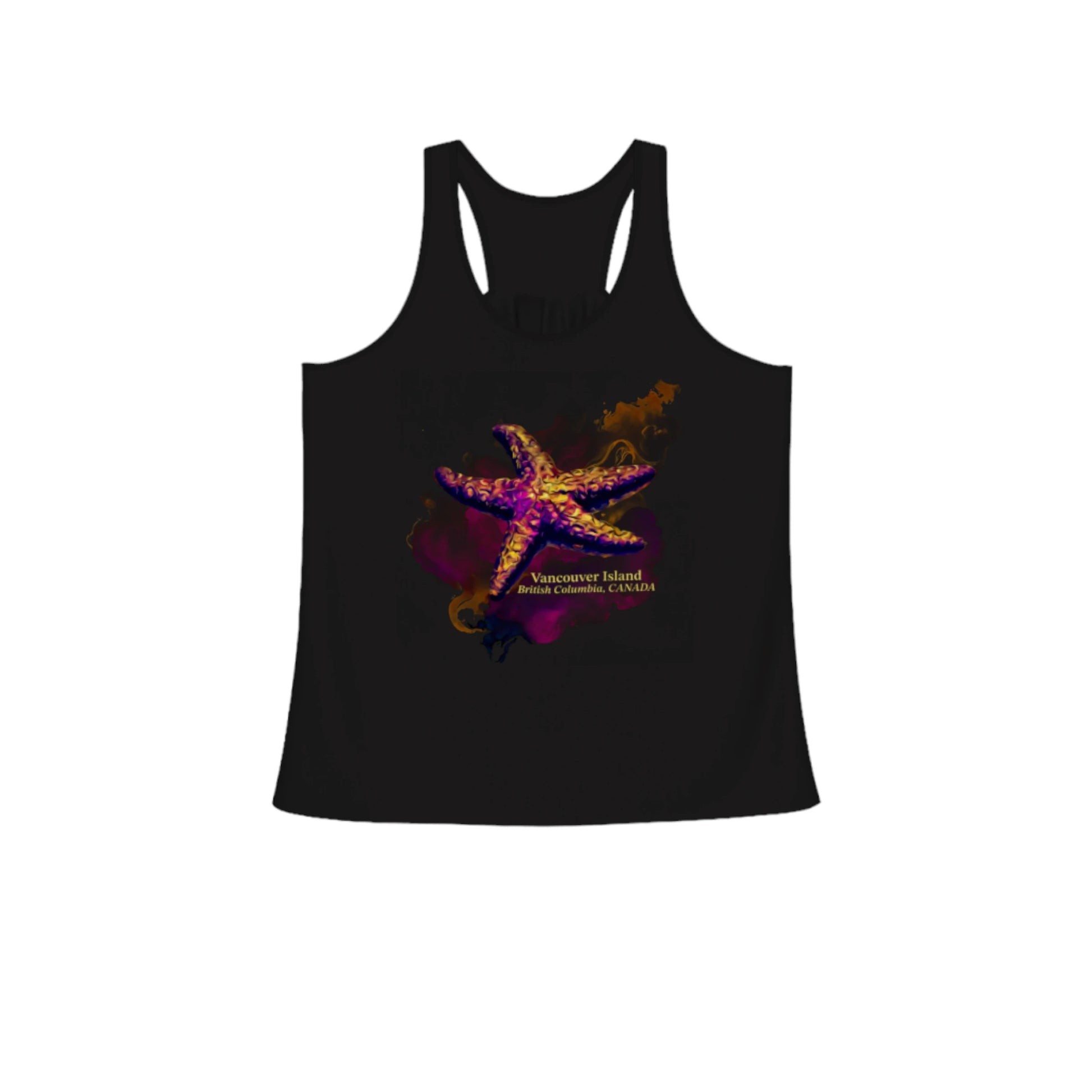 Star Track Vancouver Island British Columbia flow racerback tank top featuring a starfish on a colourful abstract background.