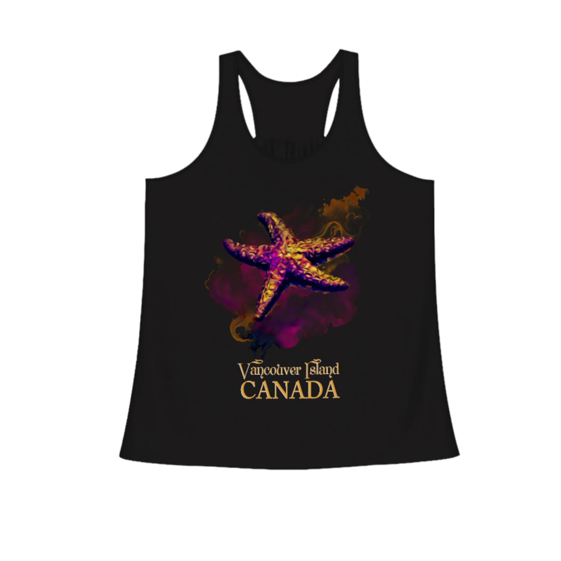 Star Track Vancouver Island Canada Flow racerback tank top.  Image is of a starfish on a abstract colourful background.  By van isle goddess dot com