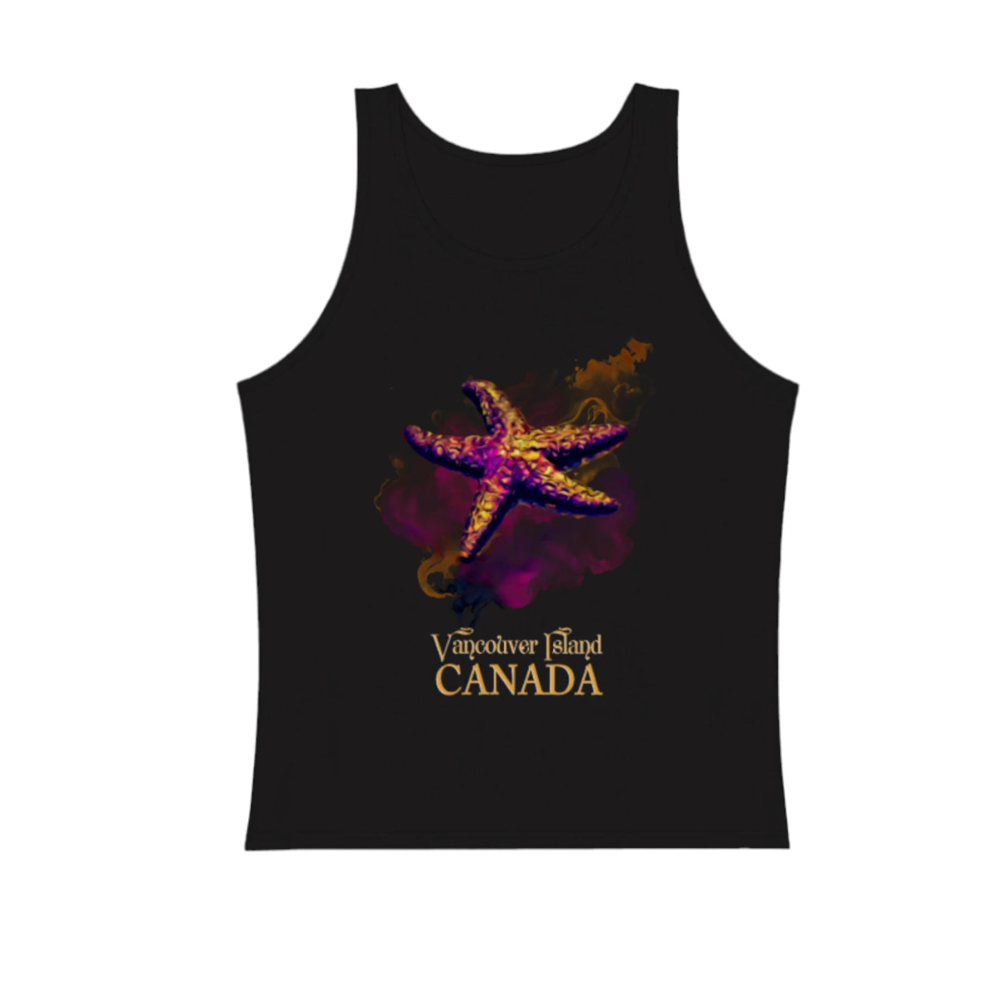 Star Track Vancouver Island Canada Premium Unisex tank top in black.  The artwork is of a starfish with a billow of colour in a abstract design.  by van isle goddess dot com
