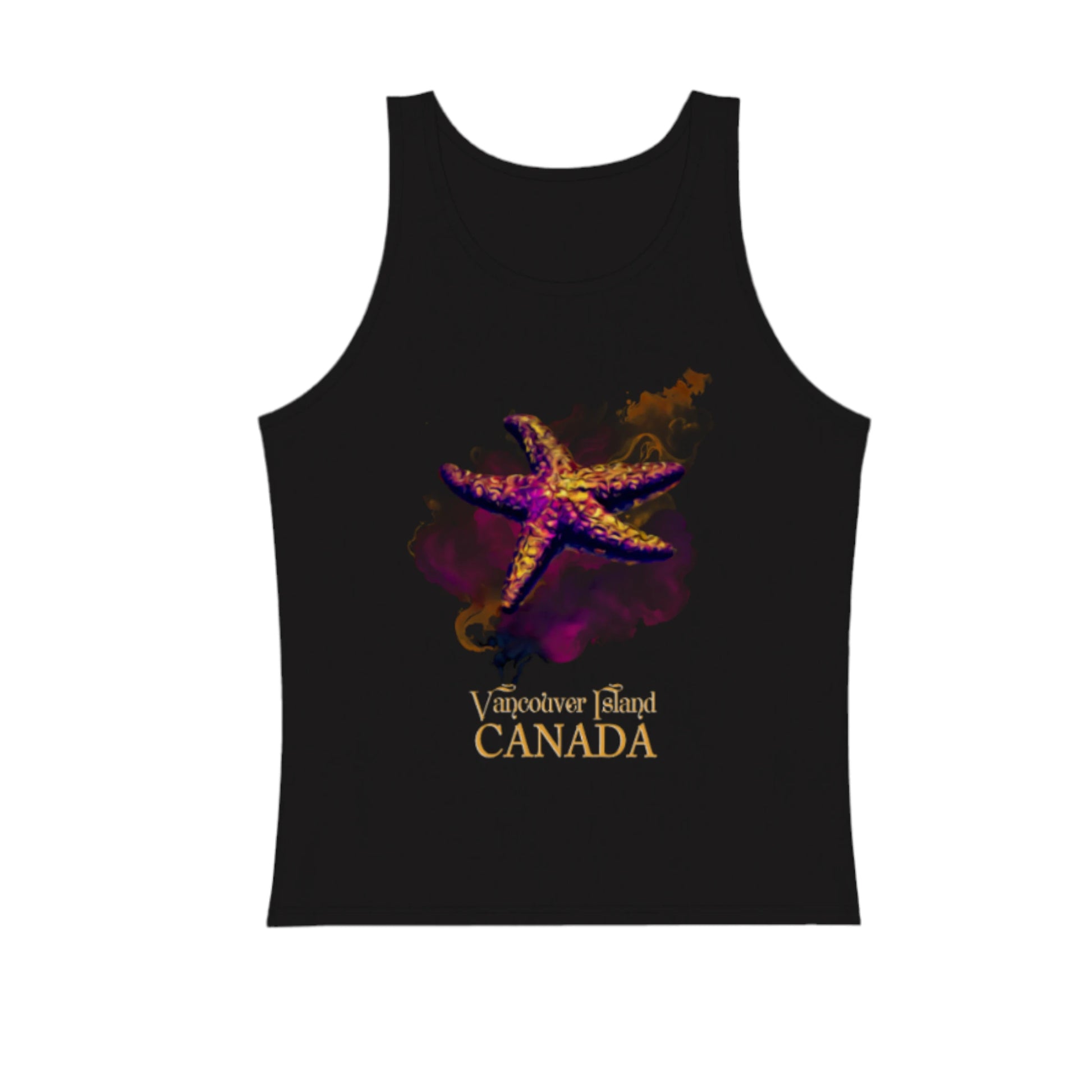 Star Track Vancouver Island Canada Premium Unisex tank top in black.  The artwork is of a starfish with a billow of colour in a abstract design.  by van isle goddess dot com