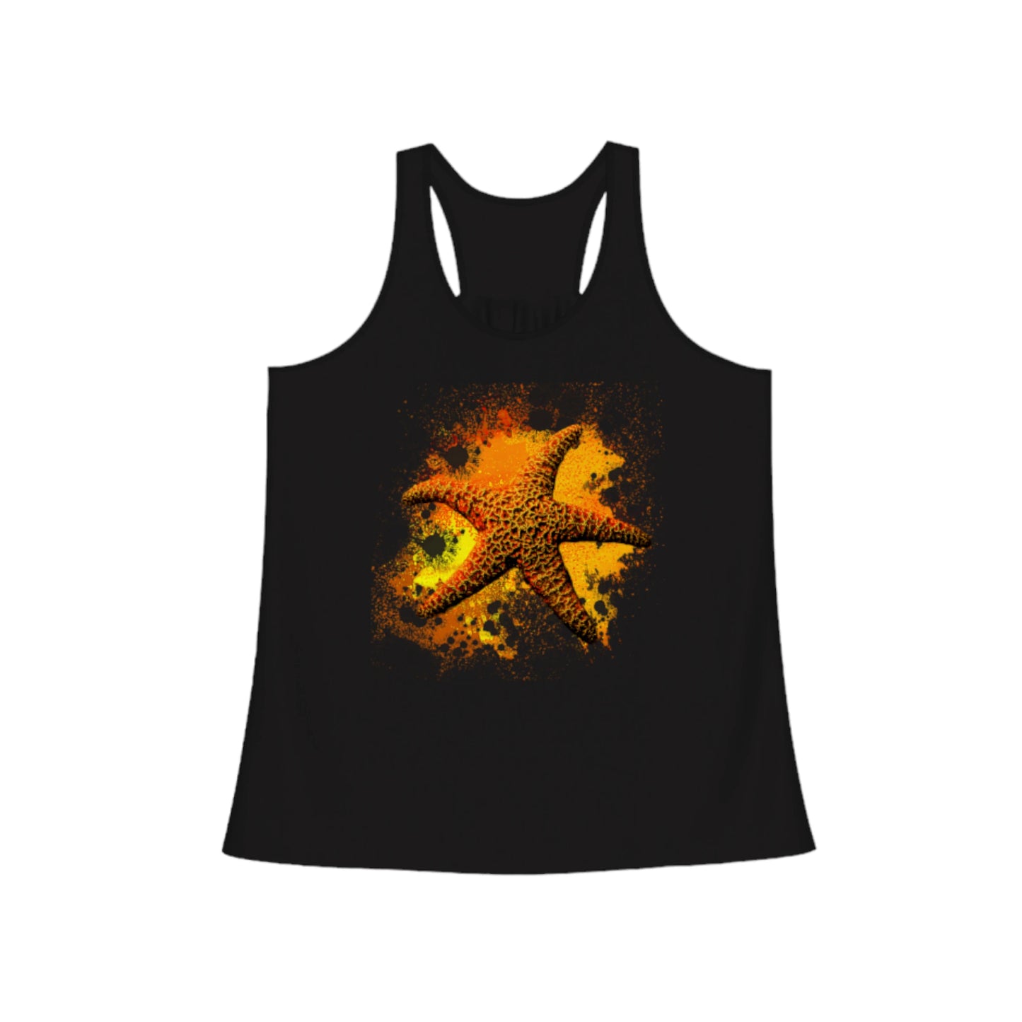 Starfish Orange Flow racerback tank top .  The image on the front of the top is a orange starfish with a orange,red & yellow abstract background. By van isle goddess dot com