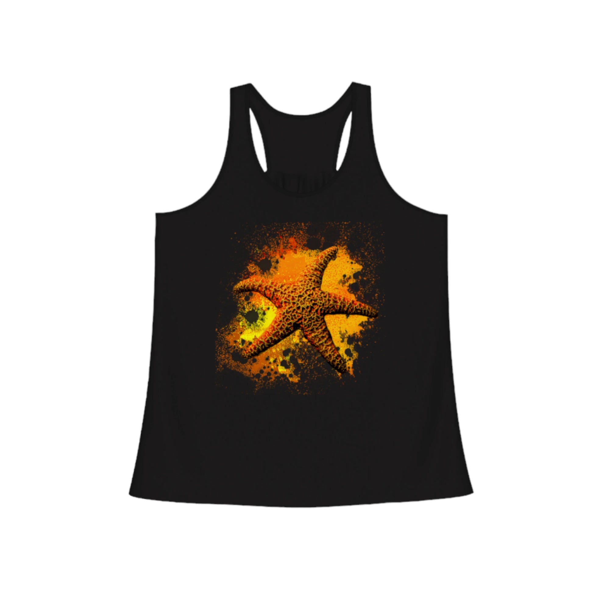 Starfish Orange Flow racerback tank top .  The image on the front of the top is a orange starfish with a orange,red & yellow abstract background. By van isle goddess dot com