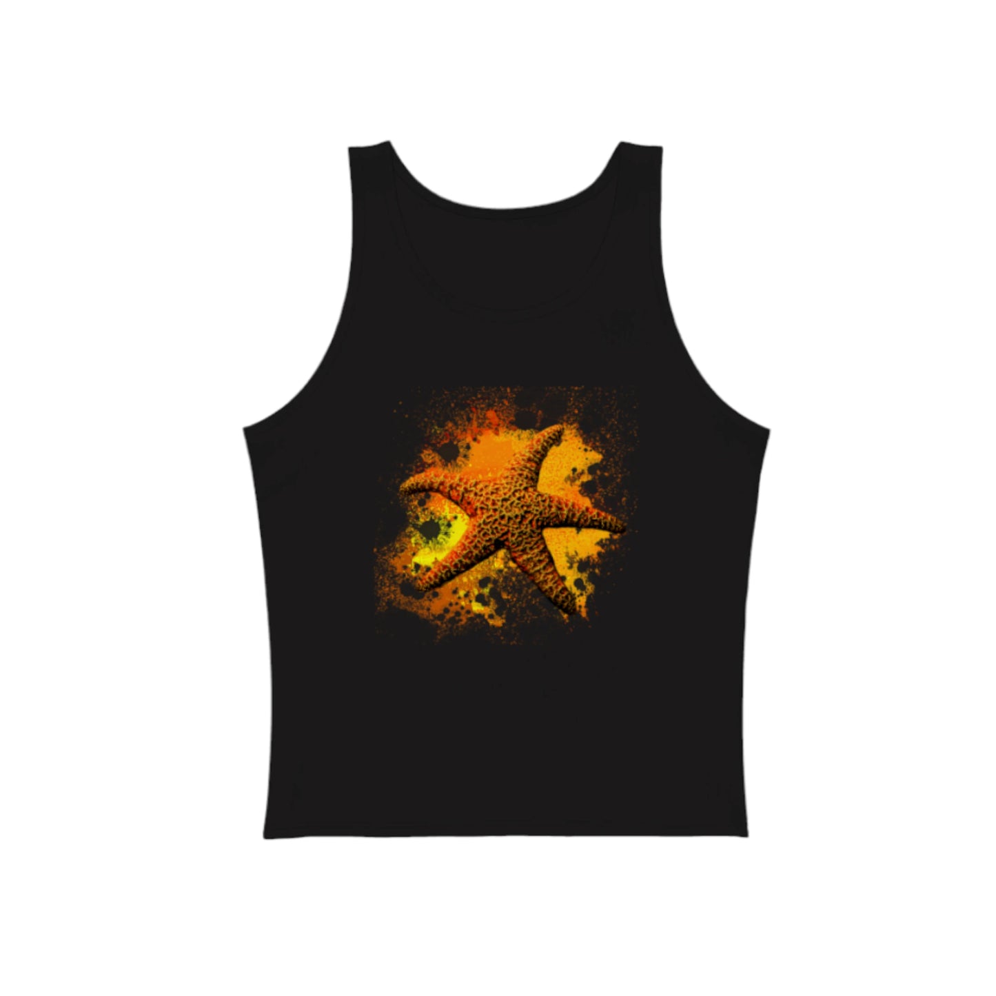 Starfish Orange Premium Unisex Tank Top in black.  the artwork on the front is of a orange starfish on the beach.  The bright colour is an orange and red abstract of colour.  by van isle goddess dot com