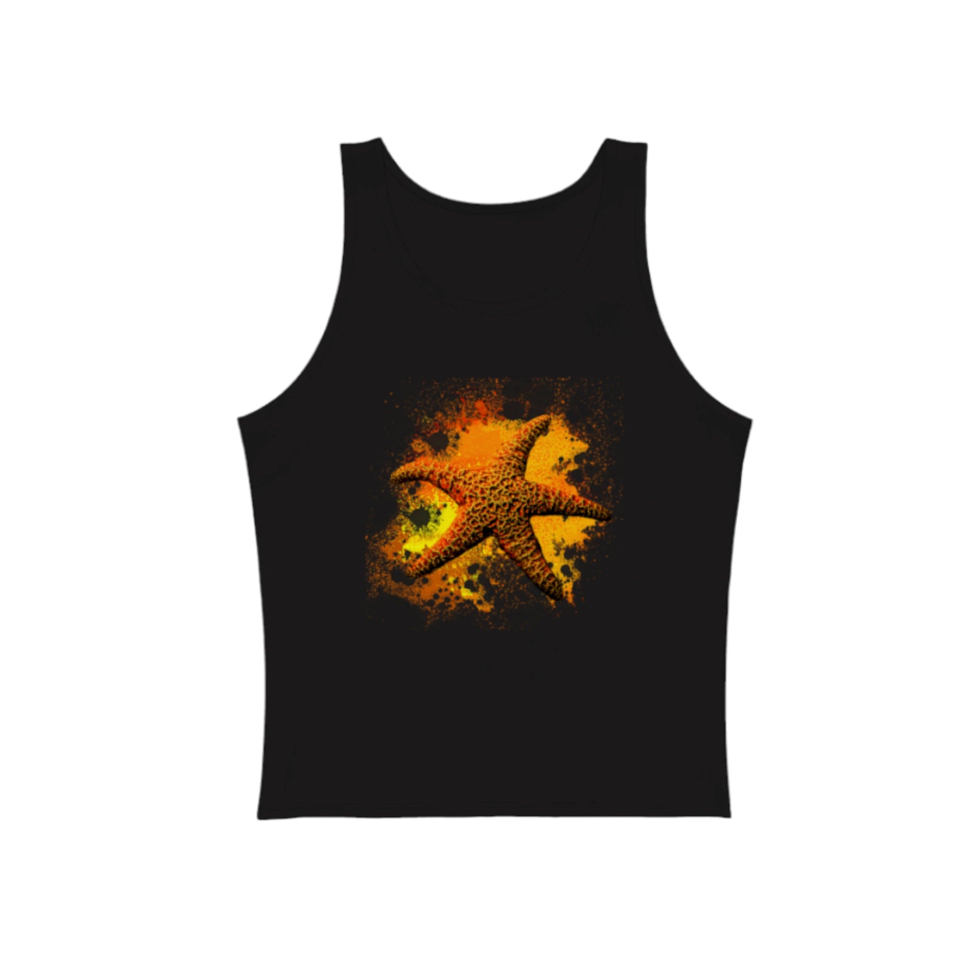 Starfish Orange Premium Unisex Tank Top in black.  the artwork on the front is of a orange starfish on the beach.  The bright colour is an orange and red abstract of colour.  by van isle goddess dot com