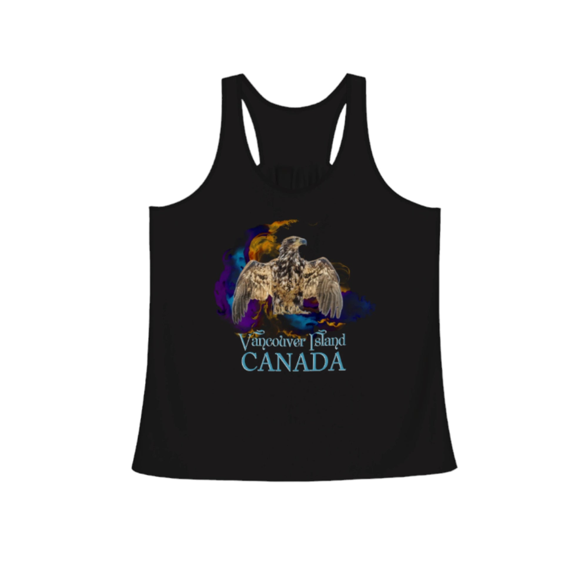 Thunderbird Vancouver Island Canada Flow racerback tank top.  The image is of a eagle with its wings in the thunderbird position.  A colourful abstract background of purple, blue and gold.  The words below the image read Vancouver Island Canada. by van isle goddess dot com