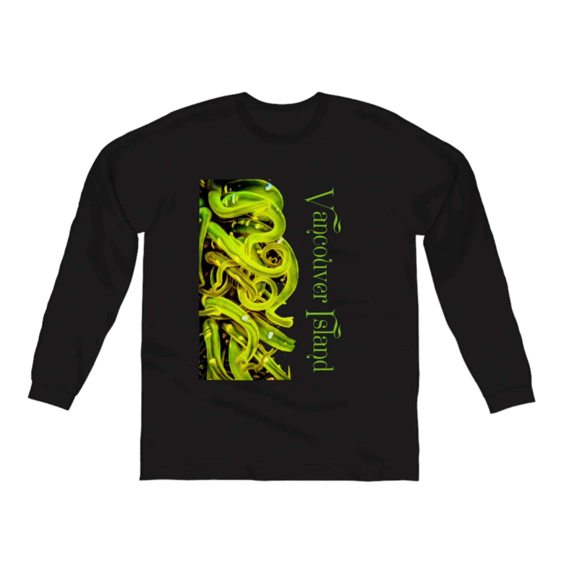 Vancouver Island Sea Anemone Comfort Long Sleeve Unisex T-Shirt. The image is of a green sea anemone with its tentacles swaying in the ocean water at low tide.  The words on the t shirt read Vancouver Island. by van isle goddess dot com