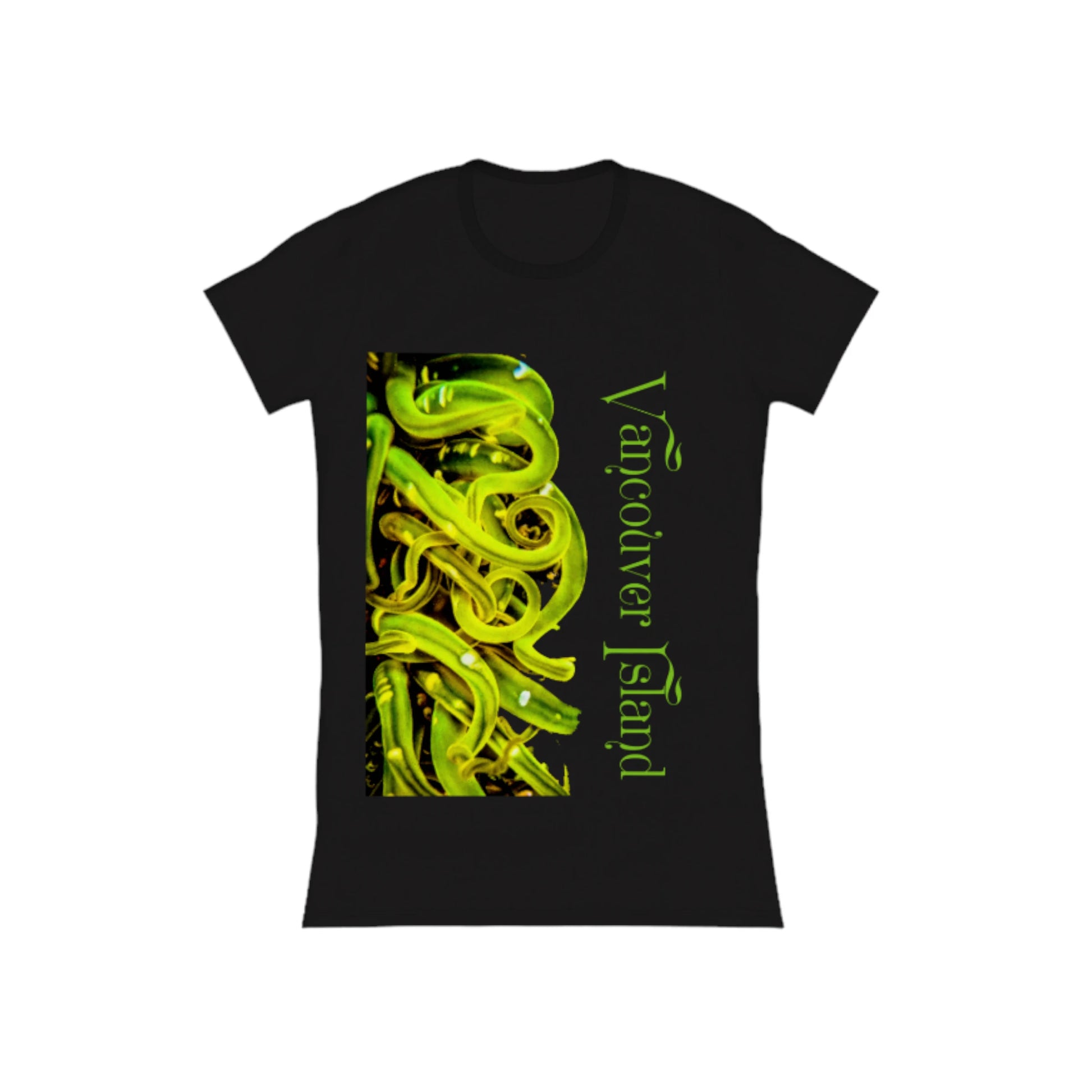 Vancouver Island Sea Anemone Comfort Slim Fit T-shirt. The image is of a green sea anemone under water .  The words read Vancouver Island