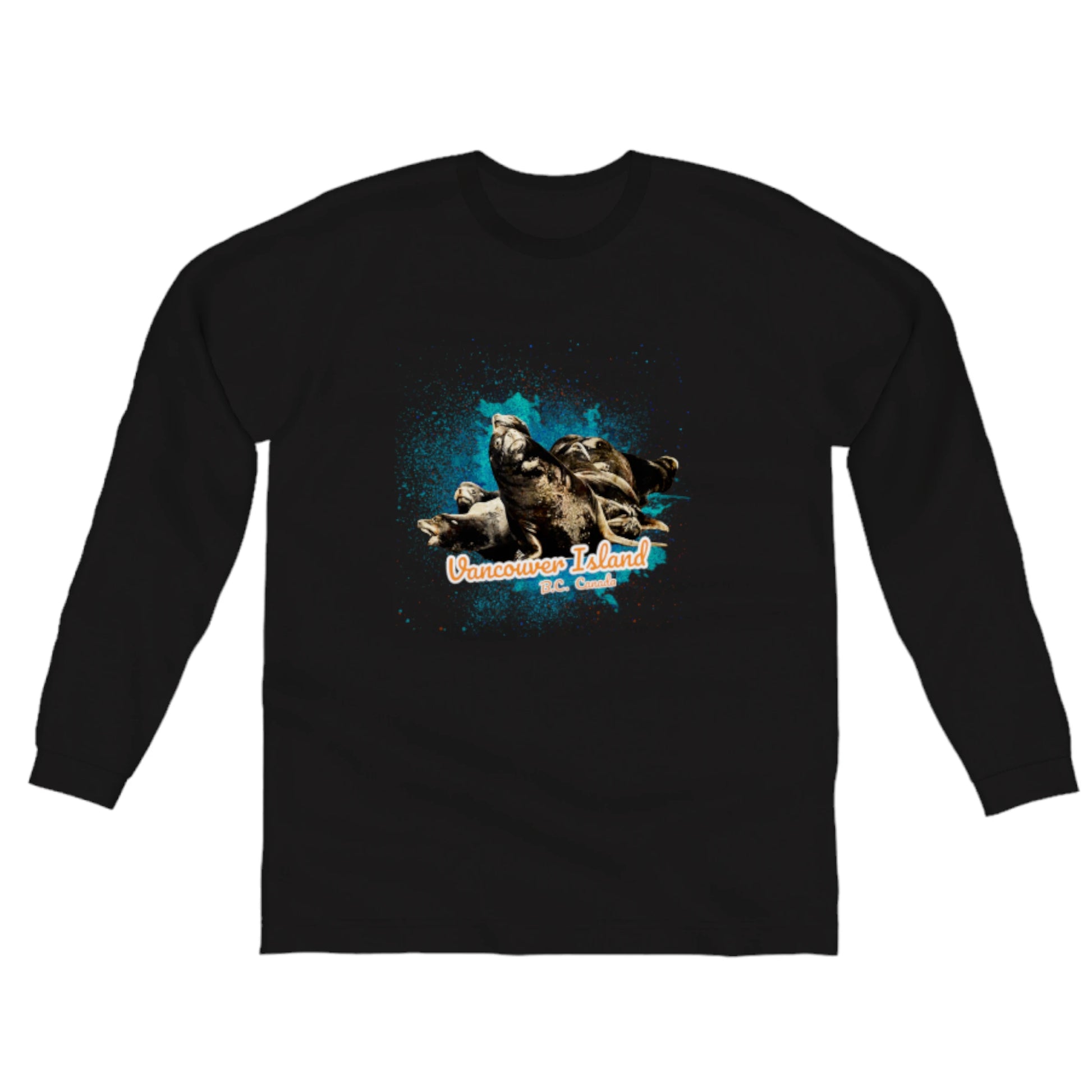 What's Up? Sea Lions Vancouver Island BC Canada Comfort Long Sleeve Unisex T-Shirt. The image on the front of the shirt is of a group of curious sea lions on a log raft. by van isle goddess dot com