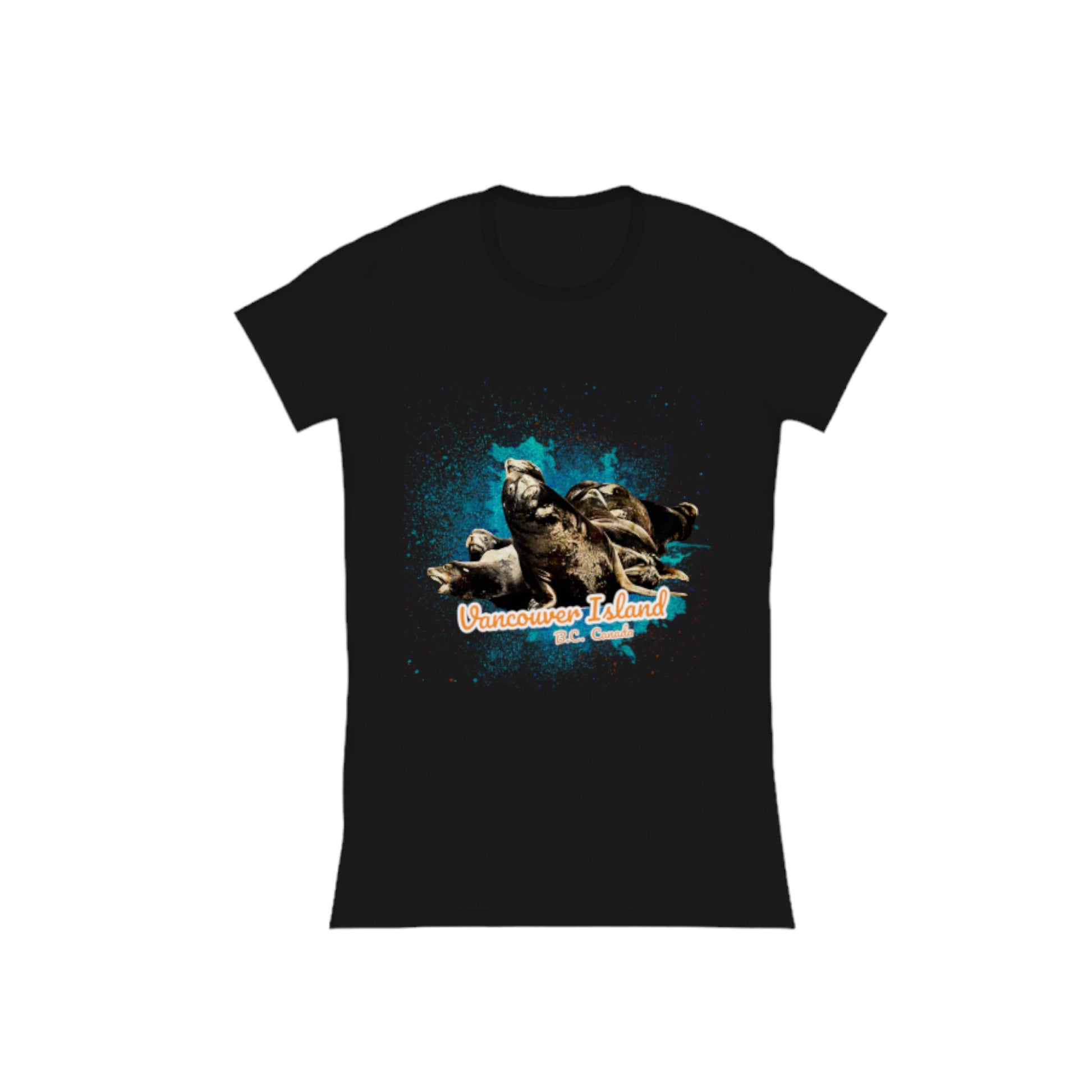 What's Up? Sea Lions Vancouver Island BC Canada Comfort Slim Fit T-shirt. The image is of a group of sea lions on a log raft.  The words read Vancouver Island BC Canada