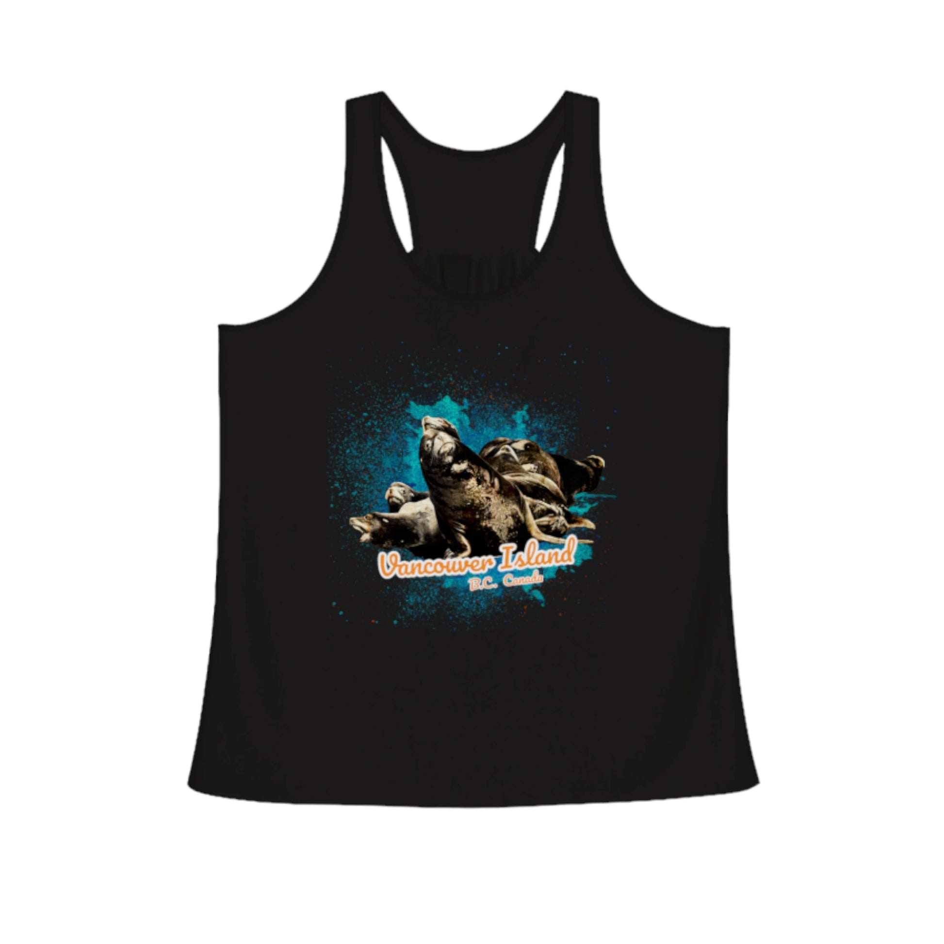 What's Up? Sea Lions Vancouver Island BC Canada Flow racerback tank top. The images on the front is of a group of sea lions floating on a raft of logs. by Van isle goddess dot com