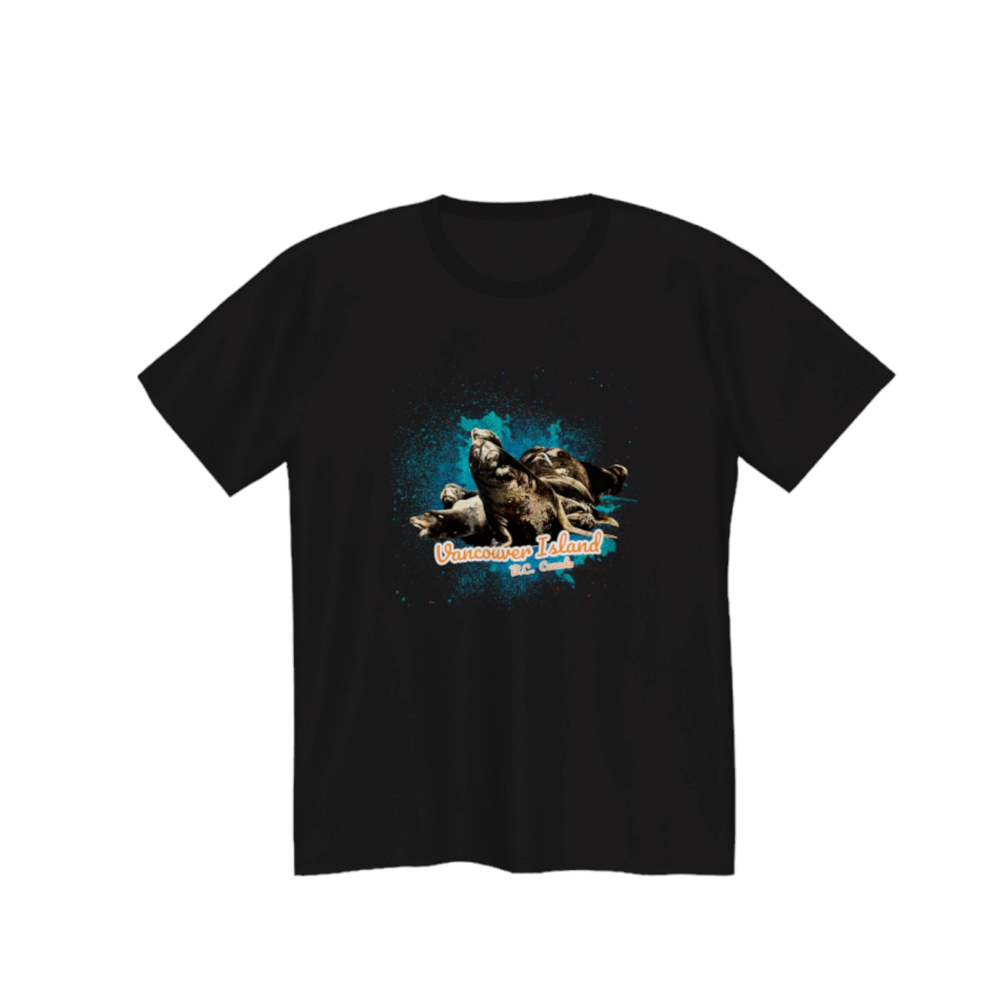 What's Up? Sea Lions Vancouver Island, BC Canada Premium Unisex T-shirt.  The image on the front is of a group of sea lions on a log raft.  by van isle goddess dot com