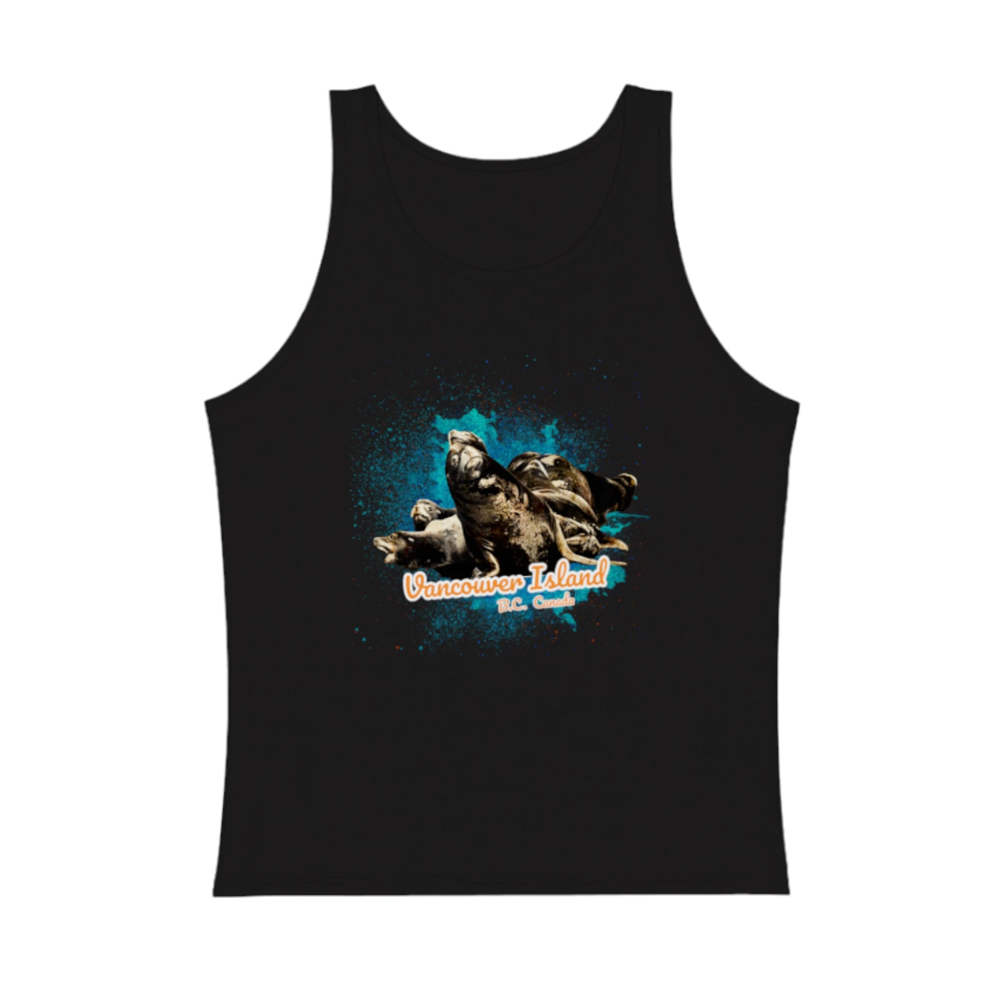 what's up sea lions vancouver island BC Canada premium unisex tank top .  the image is of a group of fun and curious sea lions.  by van isle goddess dot com