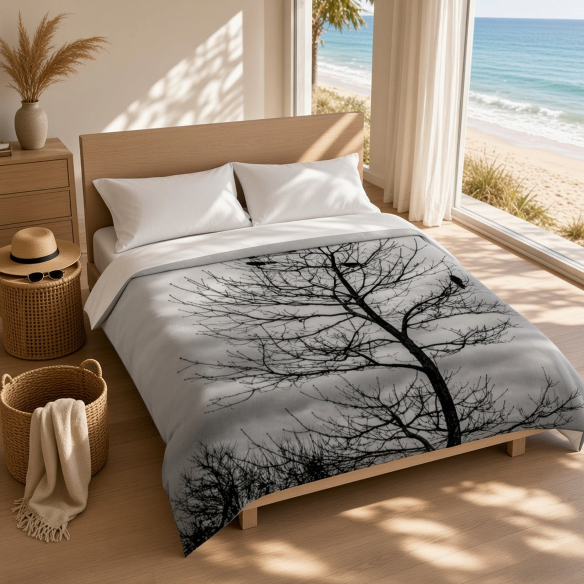 A bed dressed in a white duvet cover featuring a large black tree silhouette print, styled in a bright beach-side bedroom with a wooden headboard, bedside table, woven basket, and ocean view through large windows.